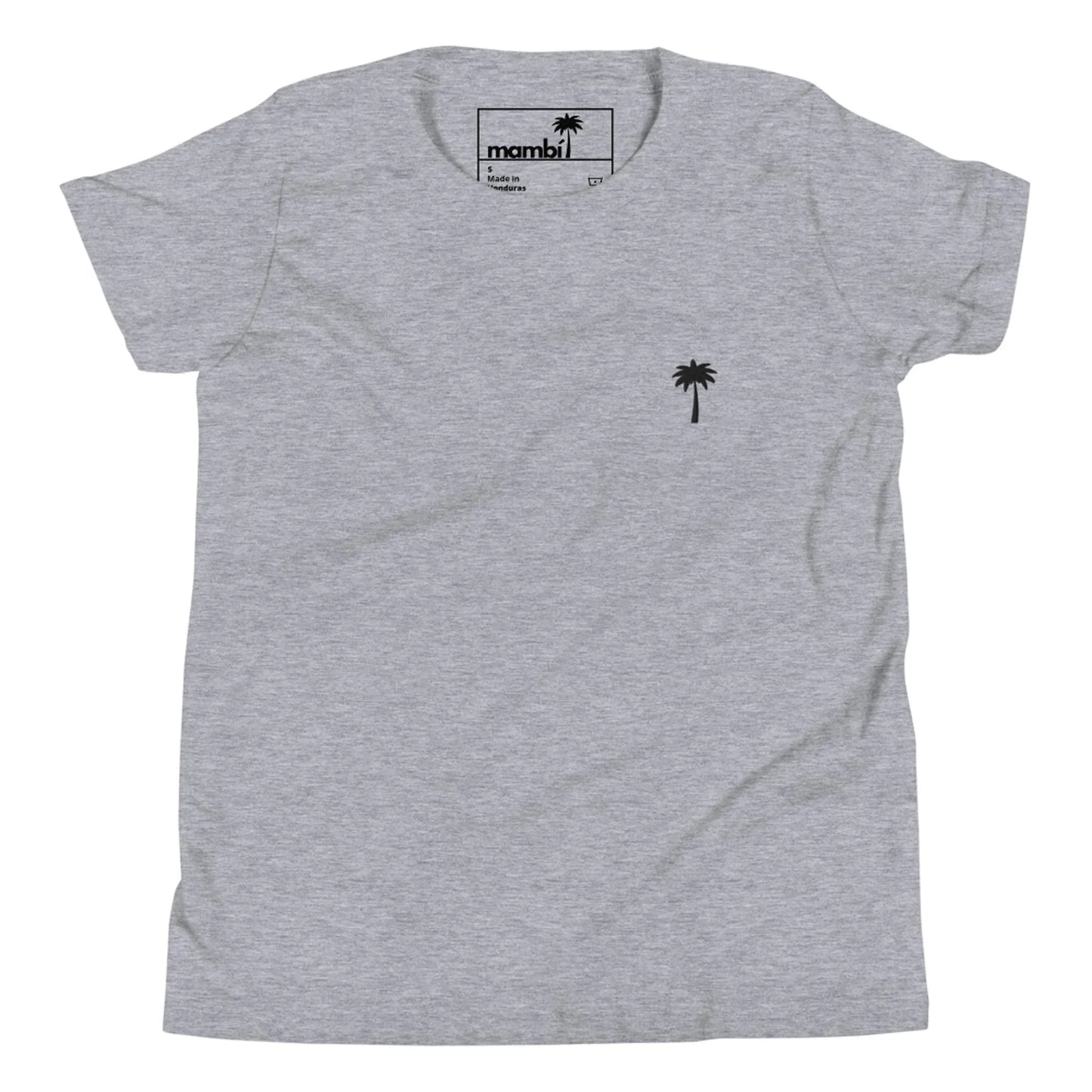 A light gray Mambí t-shirt with a small black palm tree graphic on the left chest area. The shirt features short sleeves and a round neckline.