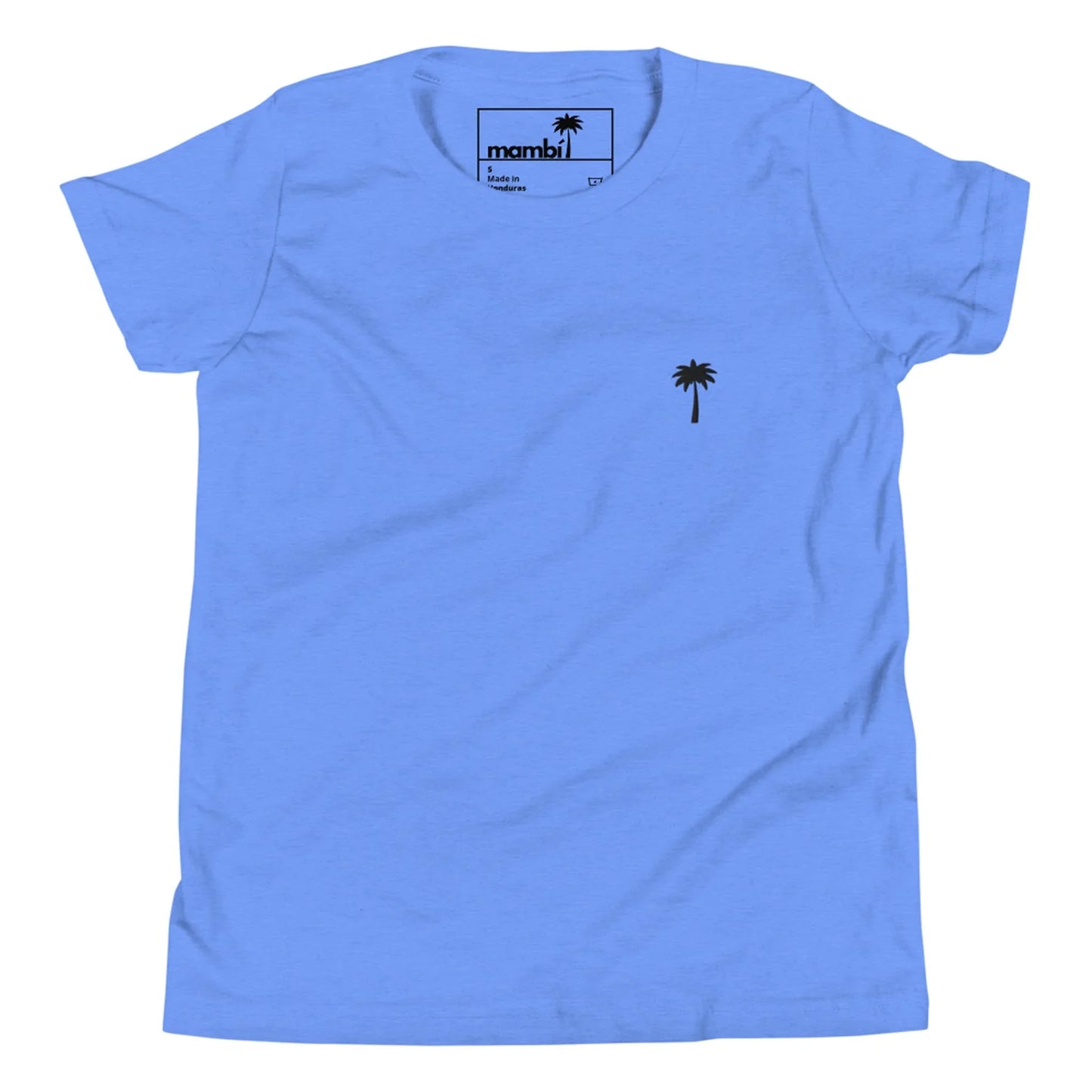 A light blue short-sleeve Mambí t-shirt with a small black palm tree graphic on the left chest area. The shirt features a round neckline and no other visible designs or patterns.