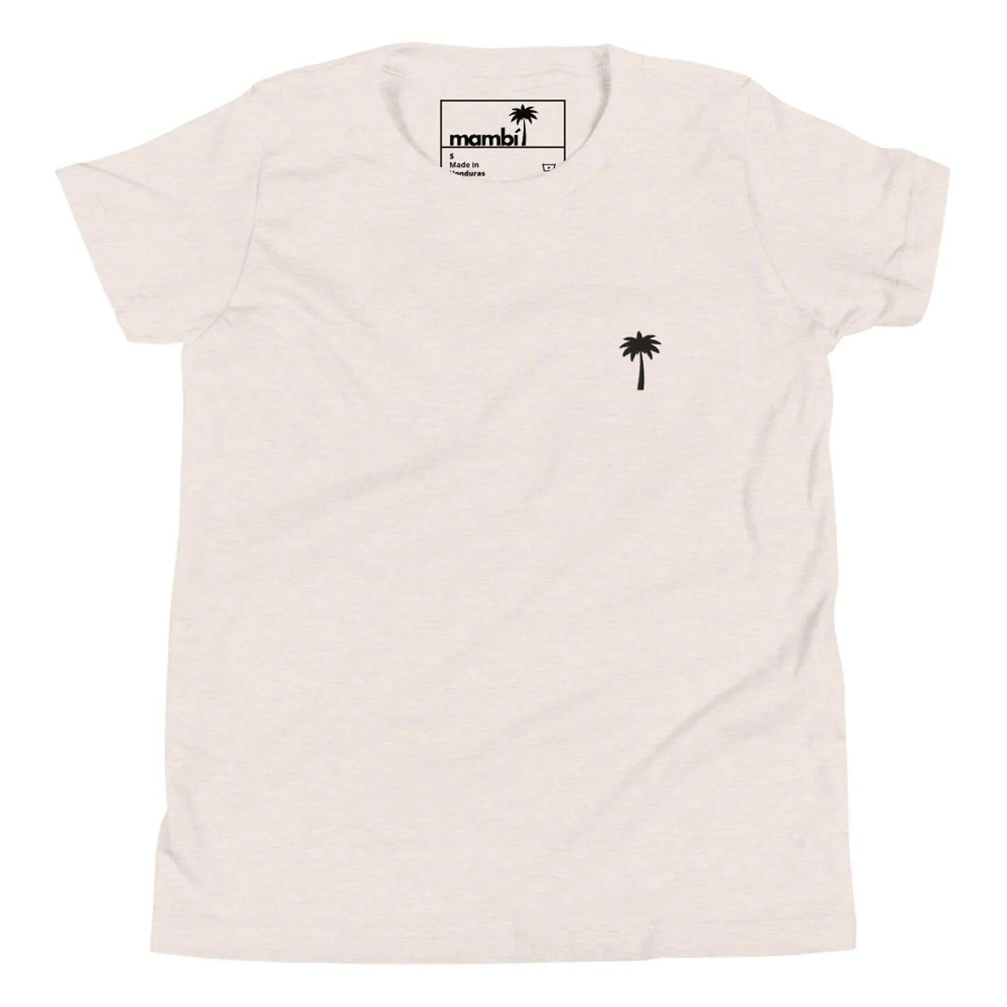A plain white Mambí t-shirt featuring a small black palm tree graphic on the left chest area and a visible inner label at the neckline.