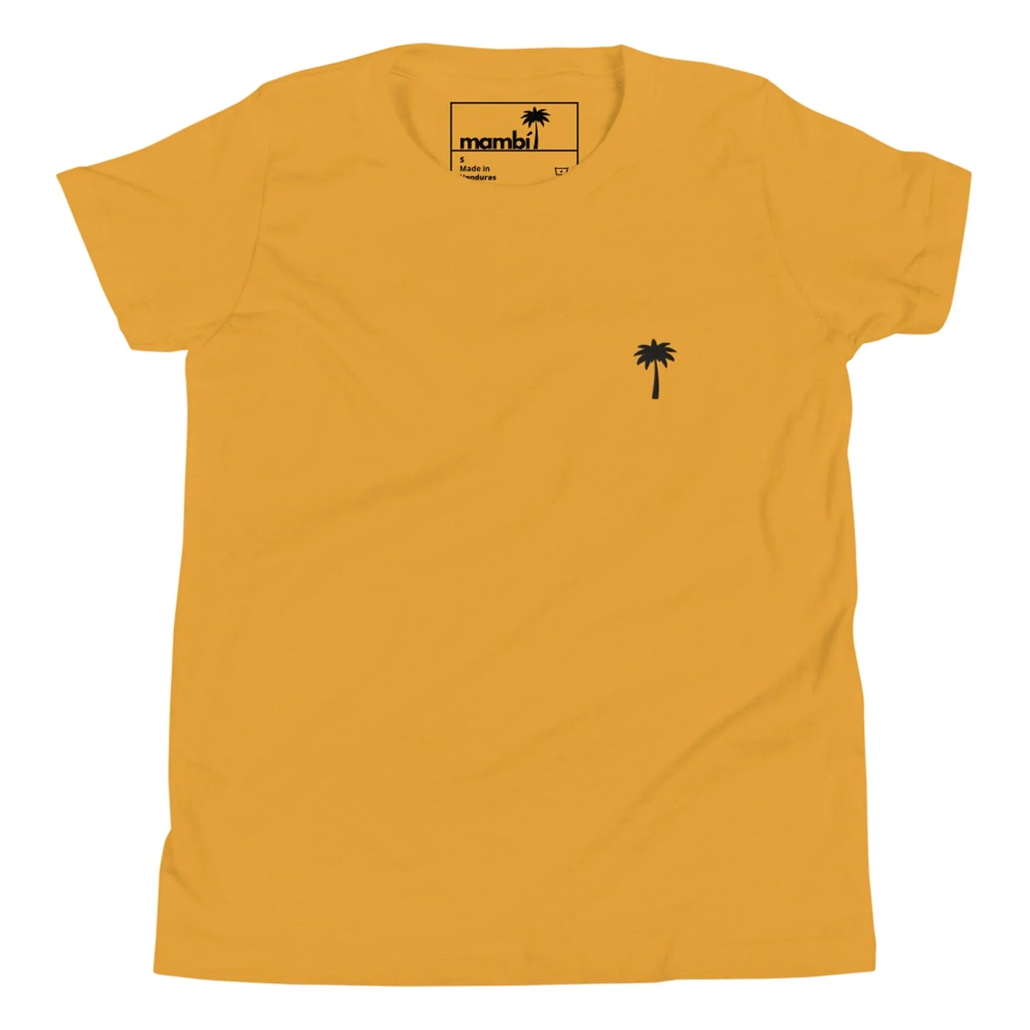 A yellow Mambí T-shirt featuring a small black palm tree graphic on the left side of the chest.