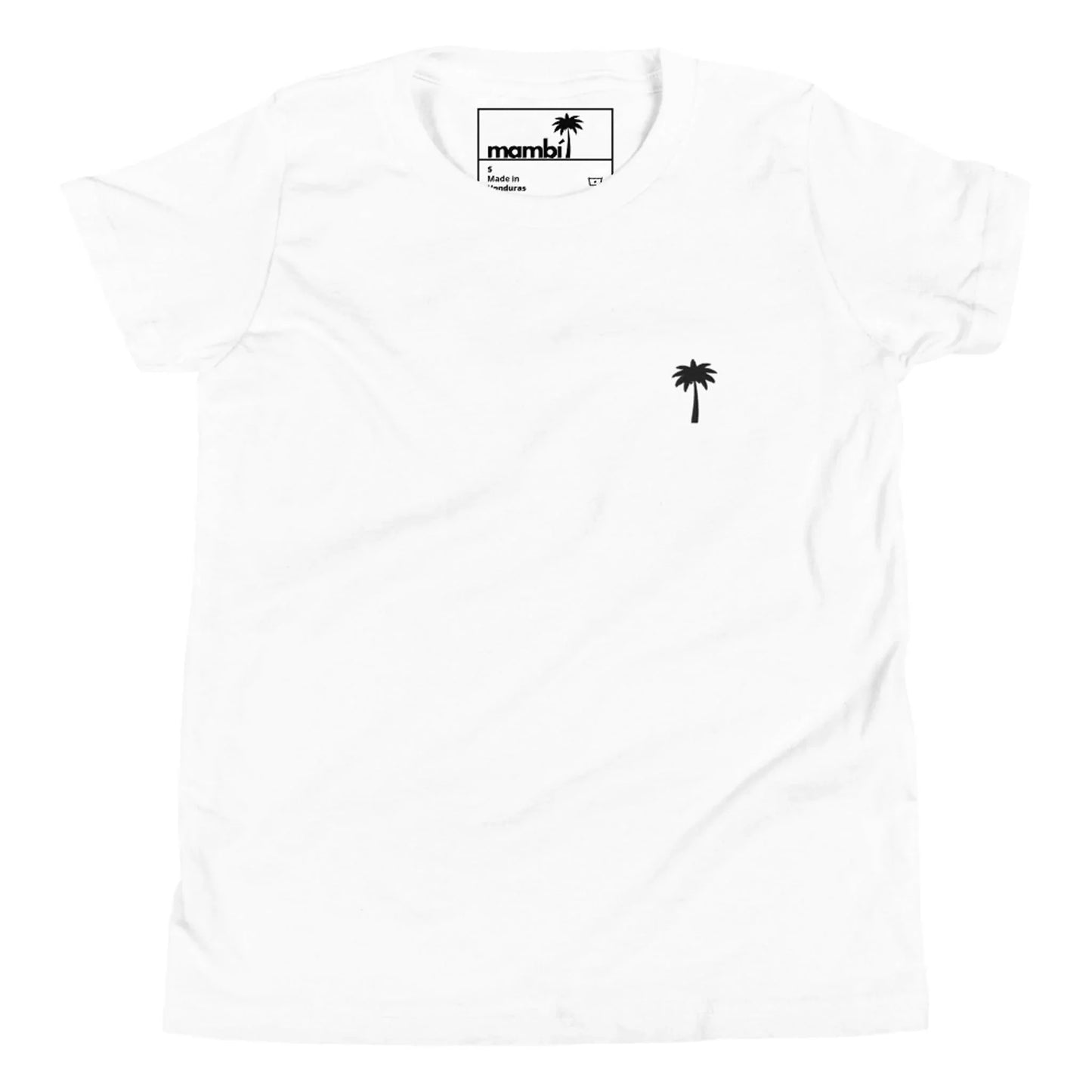 A plain white Mambí t-shirt featuring a small black palm tree graphic on the left chest.