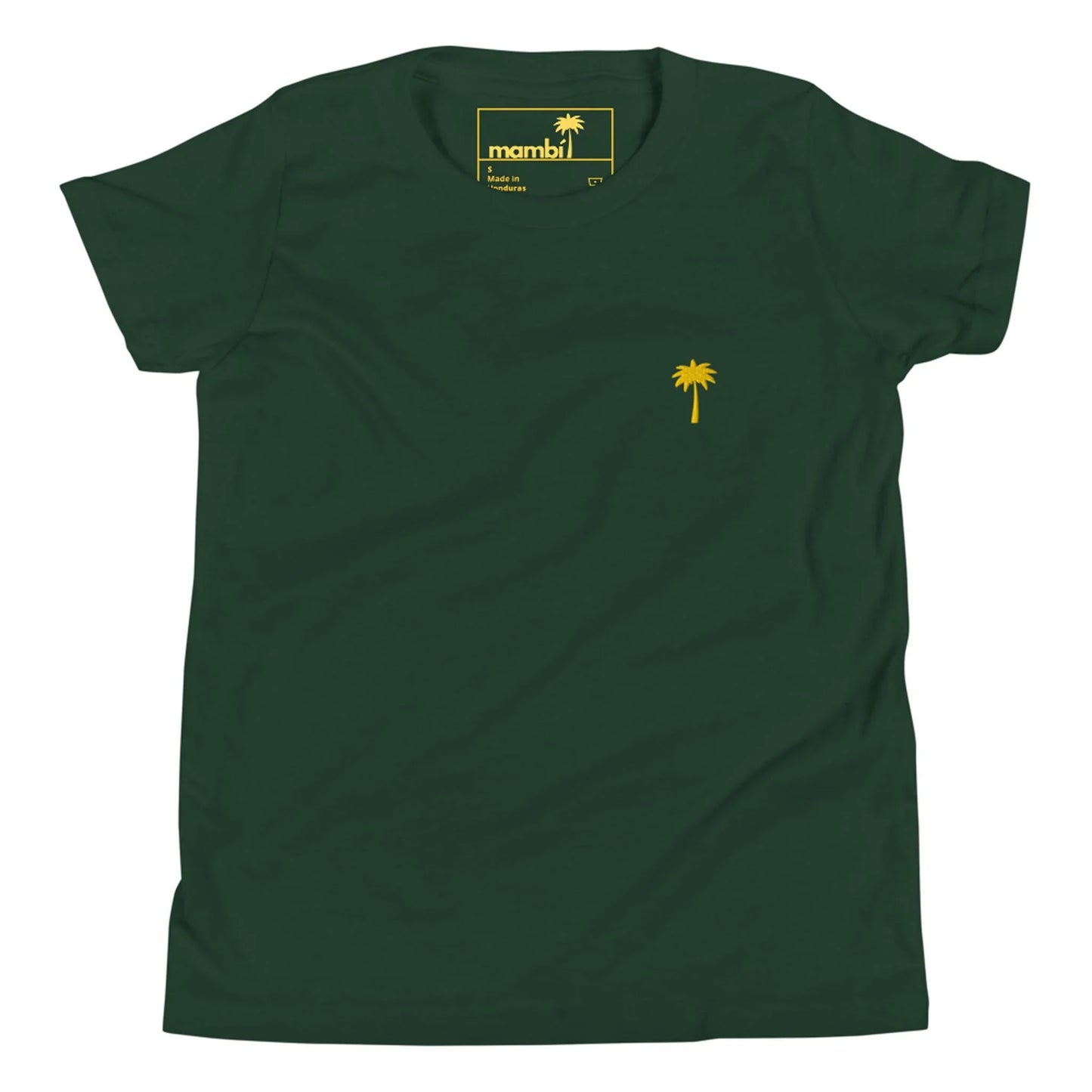Dark green Mambí t-shirt with a small yellow palm tree graphic on the left chest and a yellow inner neck label featuring branding and another palm tree icon.
