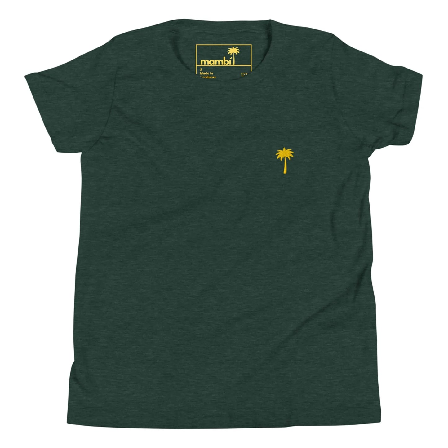 A dark green Mambí t-shirt featuring a small yellow palm tree graphic on the left chest and a yellow logo on the inside neckline.