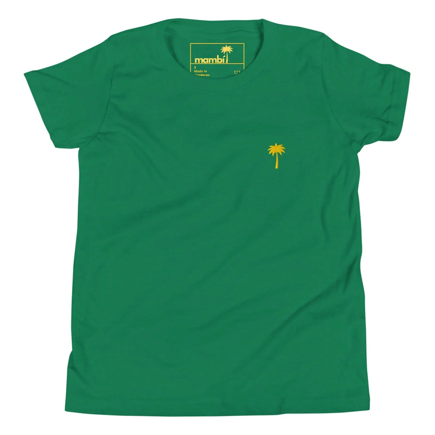 Green short-sleeve t-shirt featuring a small yellow palm tree graphic on the left chest and a yellow Mambí label inside the collar.