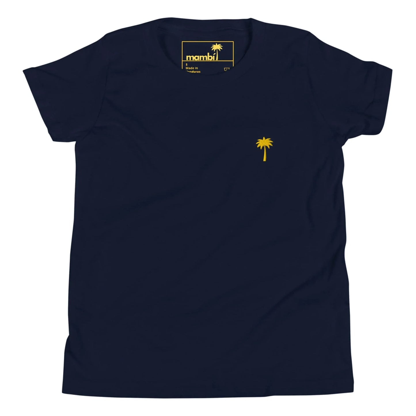 Navy blue t-shirt with a small yellow palm tree graphic on the left chest area. The inside neck label features the Mambí brand.