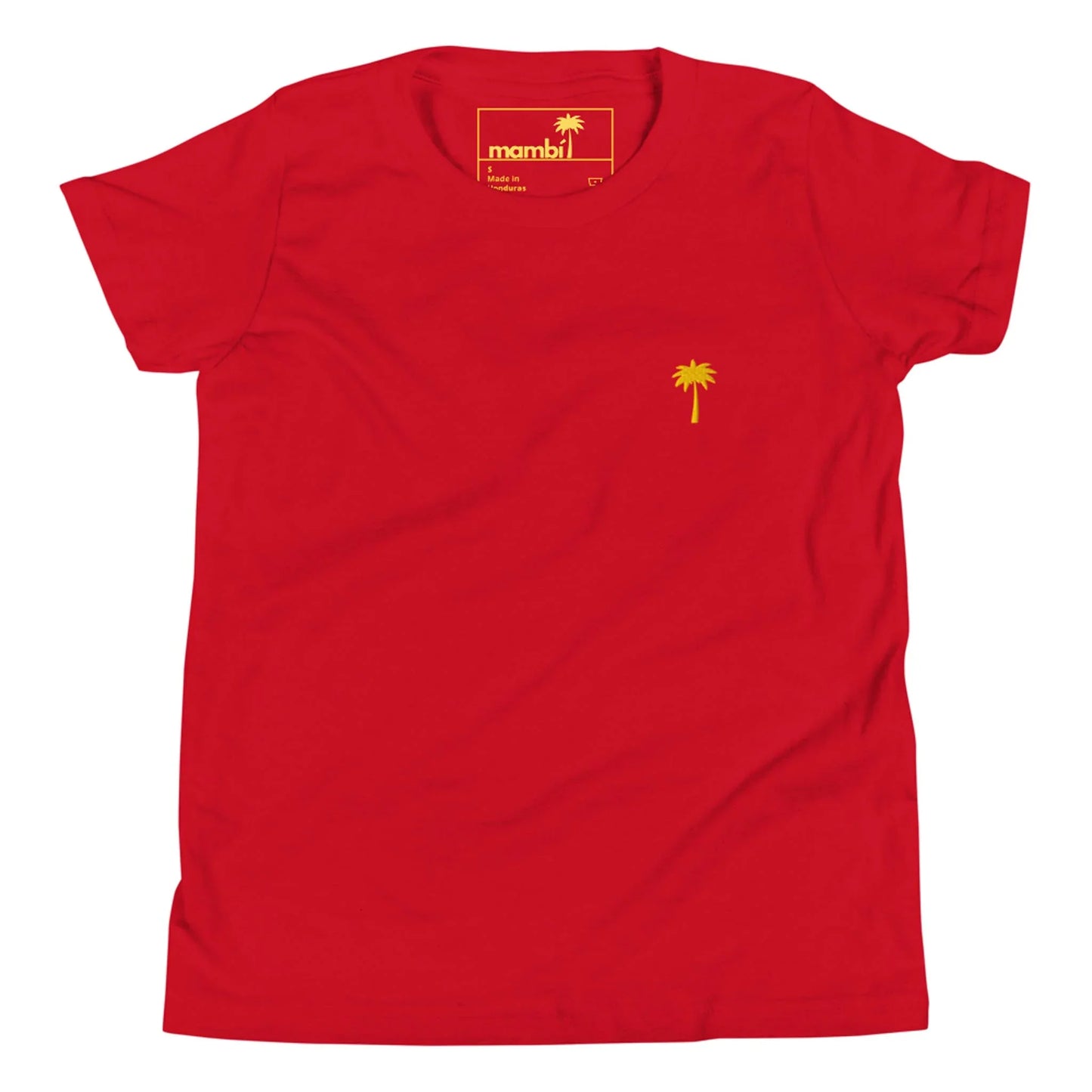 A plain red Mambí t-shirt with a small yellow palm tree graphic on the left chest area. The shirt tag inside the collar features yellow text and a yellow palm tree logo.