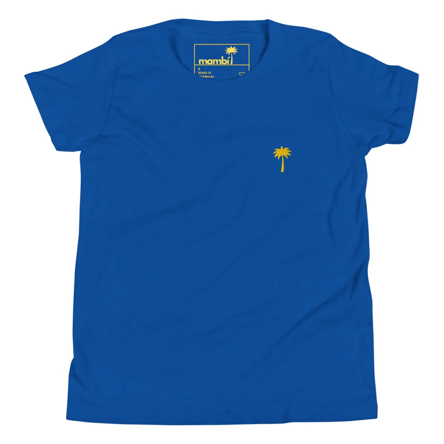A plain royal blue Mambí T-shirt featuring a small yellow palm tree graphic on the left chest area and a yellow logo inside the collar.