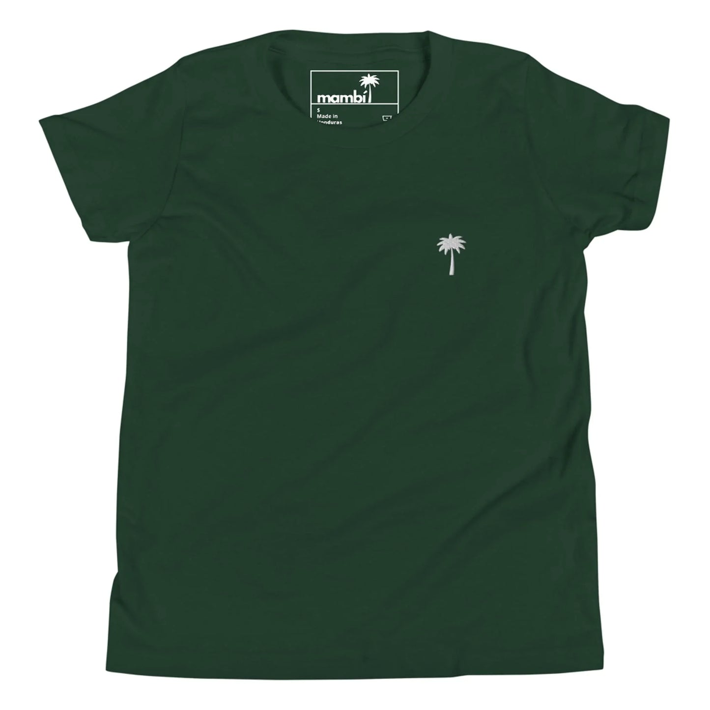 A dark green Mambí t-shirt featuring a small white palm tree graphic on the left chest and a visible inside label near the collar.