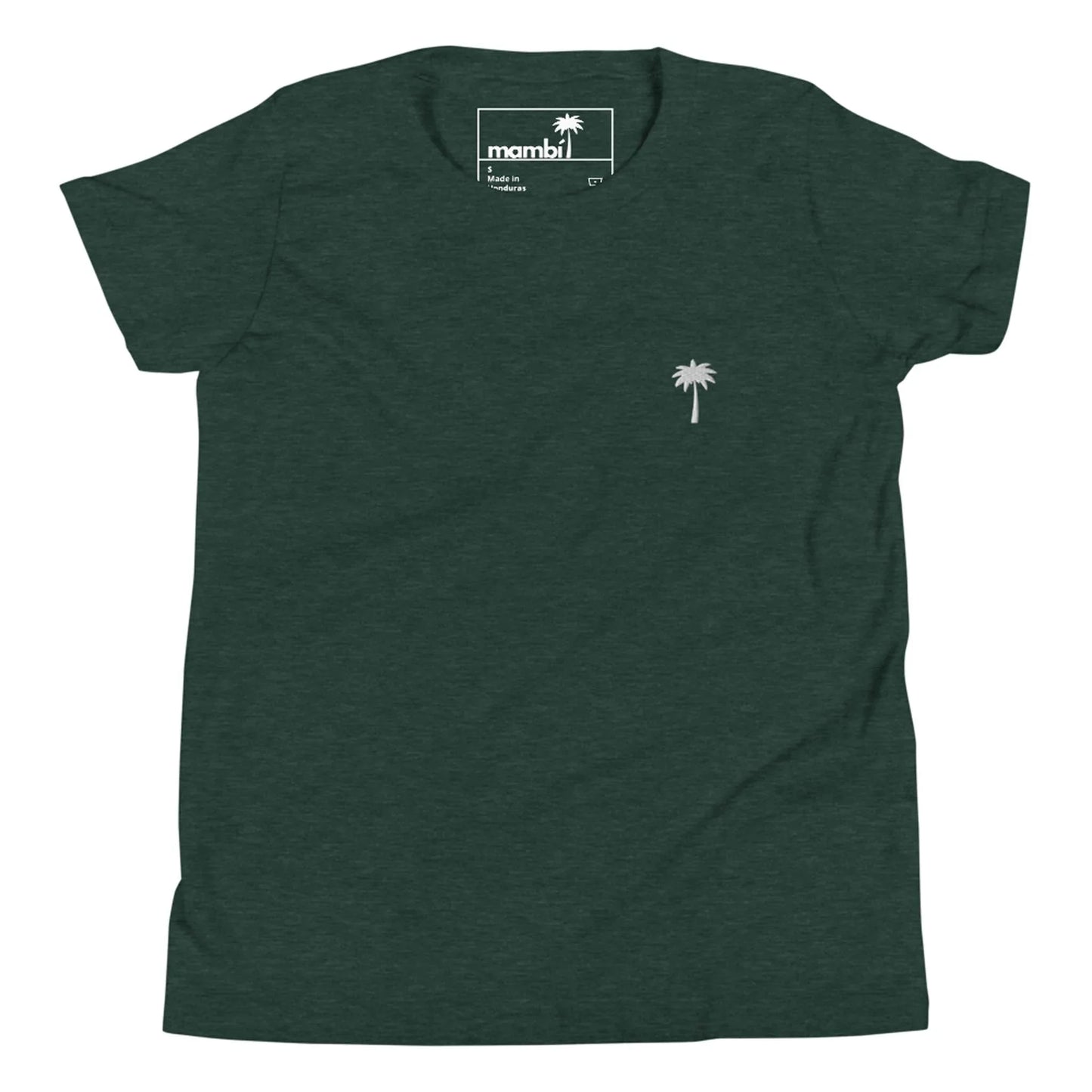 A dark green short-sleeve Mambí t-shirt featuring a small white palm tree graphic on the left chest area. The inside collar tag is visible with branding and sizing information.