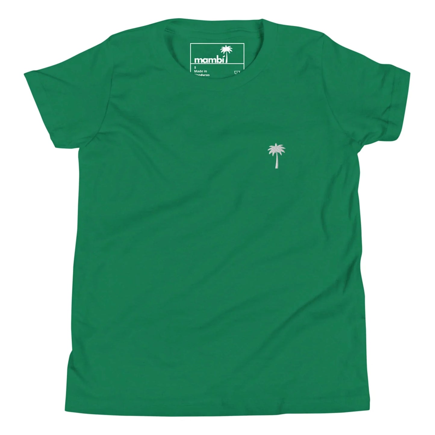 A plain green Mambí t-shirt featuring a small white palm tree graphic on the left chest and a visible tag inside the collar.