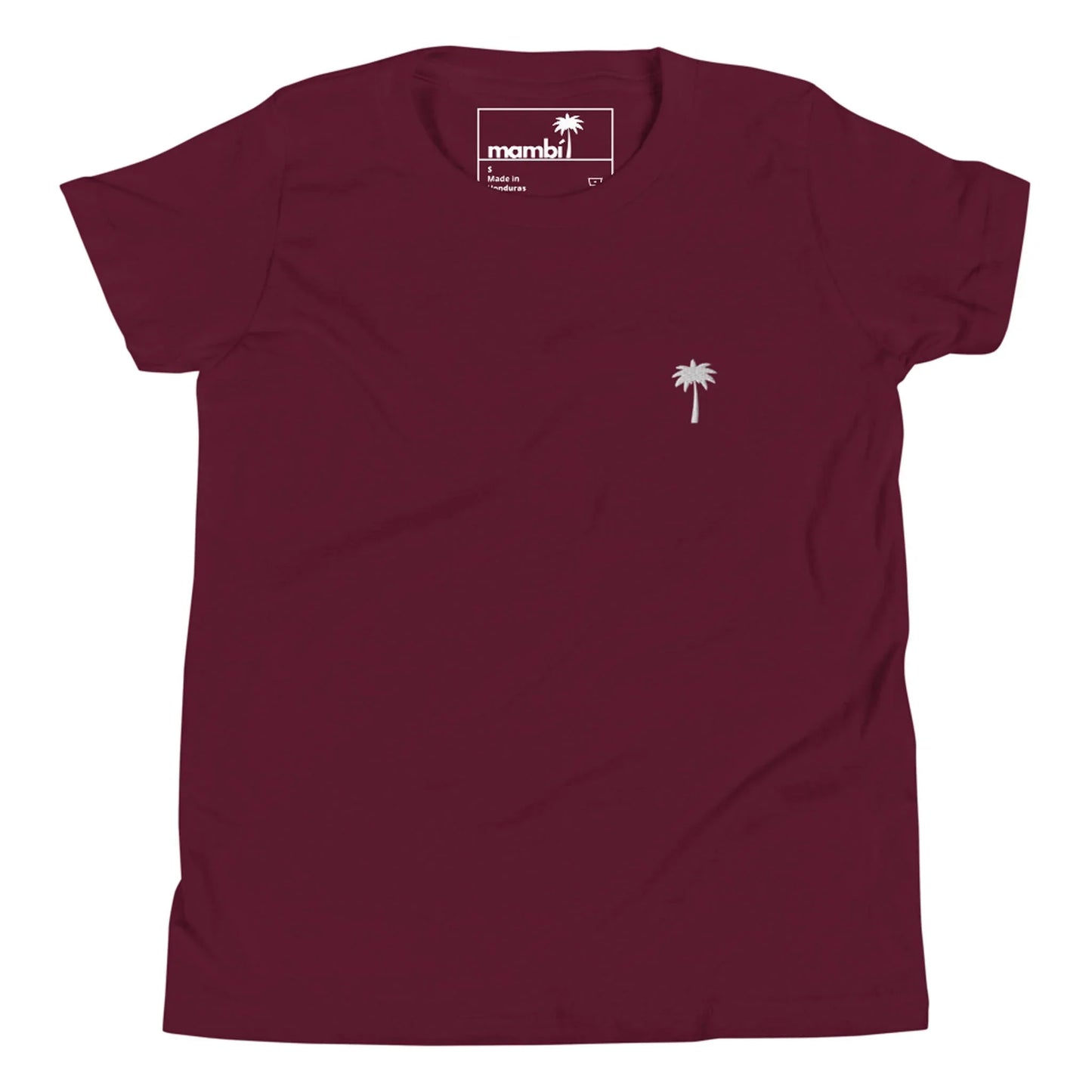 A plain maroon Mambí t-shirt featuring a small white palm tree graphic on the left chest area.