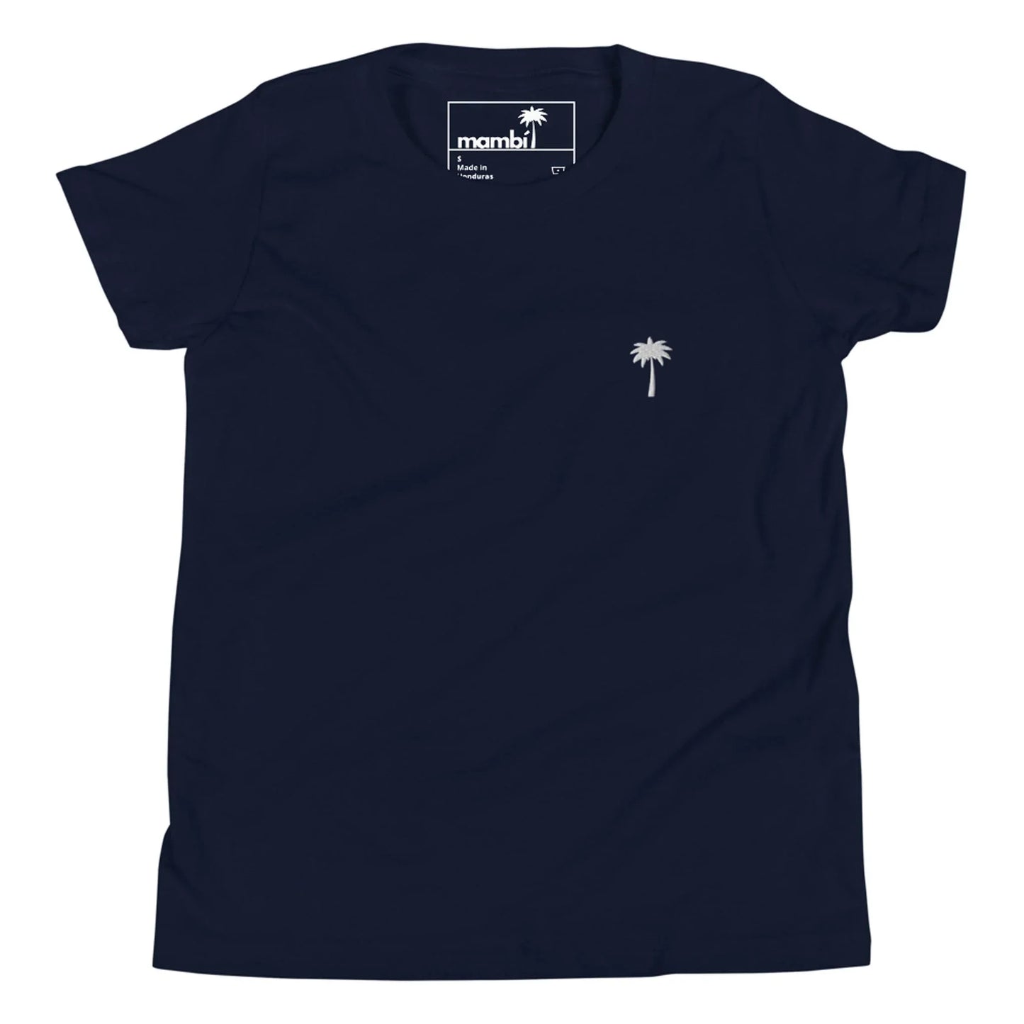 A plain navy blue Mambí t-shirt features a small white palm tree graphic on the left chest area. The shirt has short sleeves and a simple crew neckline.
