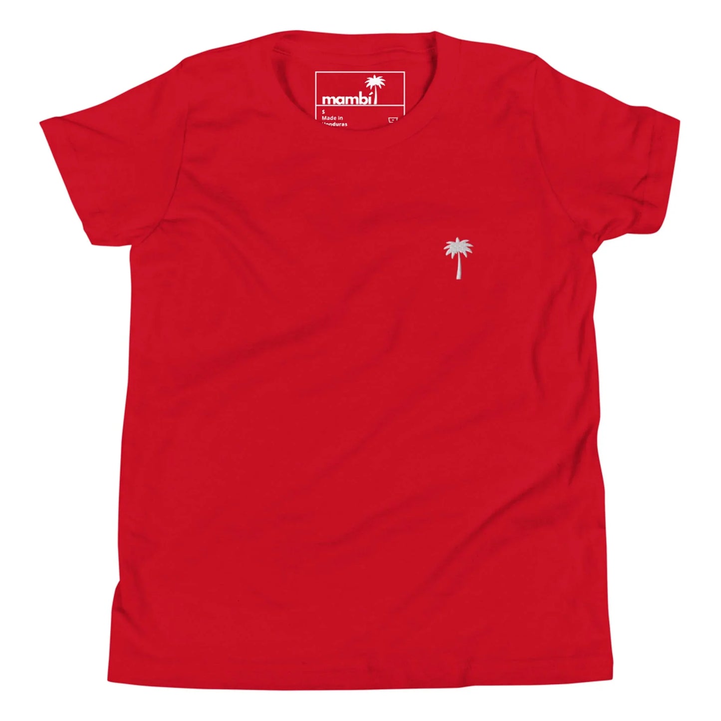 A plain red Mambí t-shirt featuring a small white palm tree graphic on the left chest. The tag inside the collar is visible and printed in white.