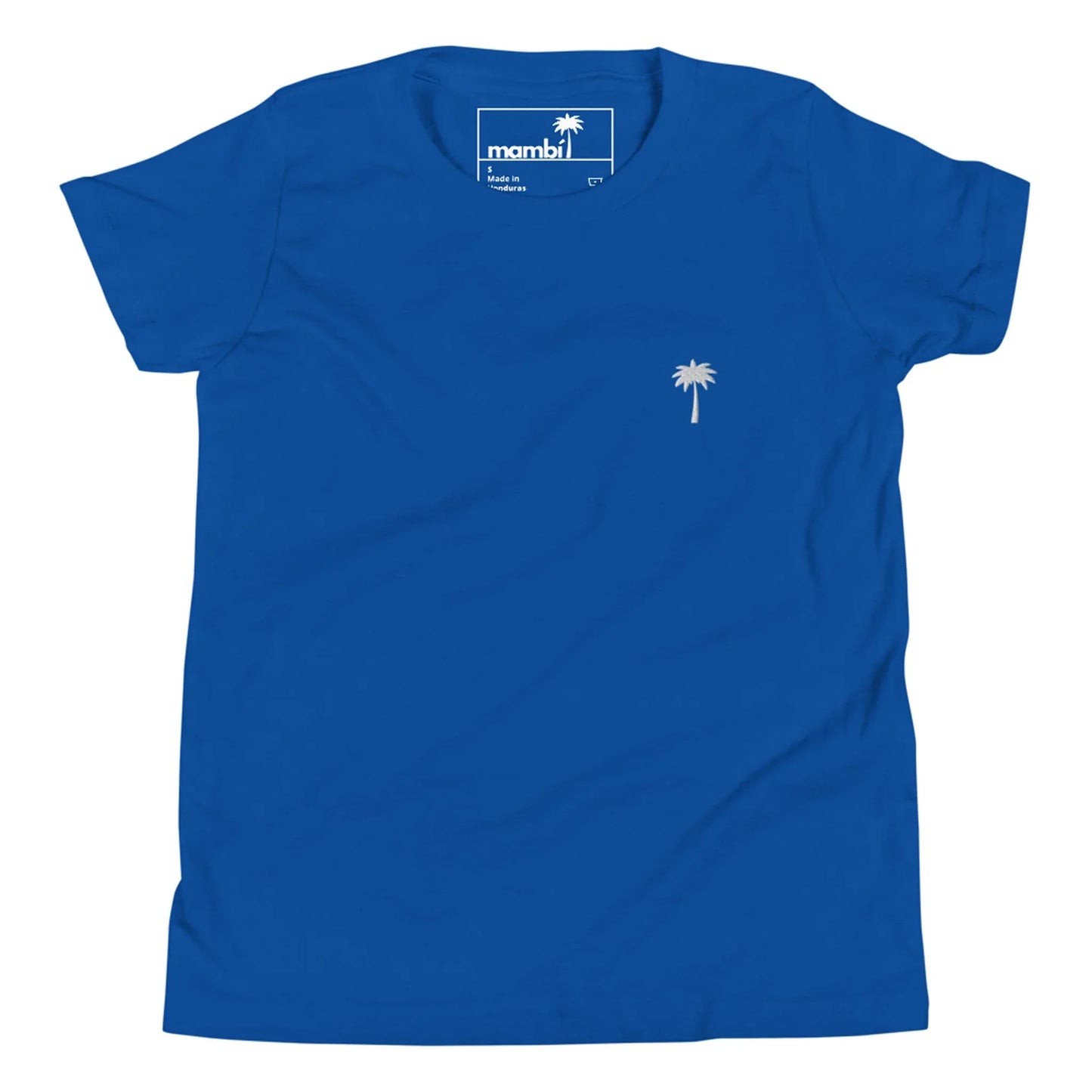 A royal blue Mambí t-shirt featuring a small white palm tree graphic on the left chest area. The inside neckline shows a visible label with branding details.