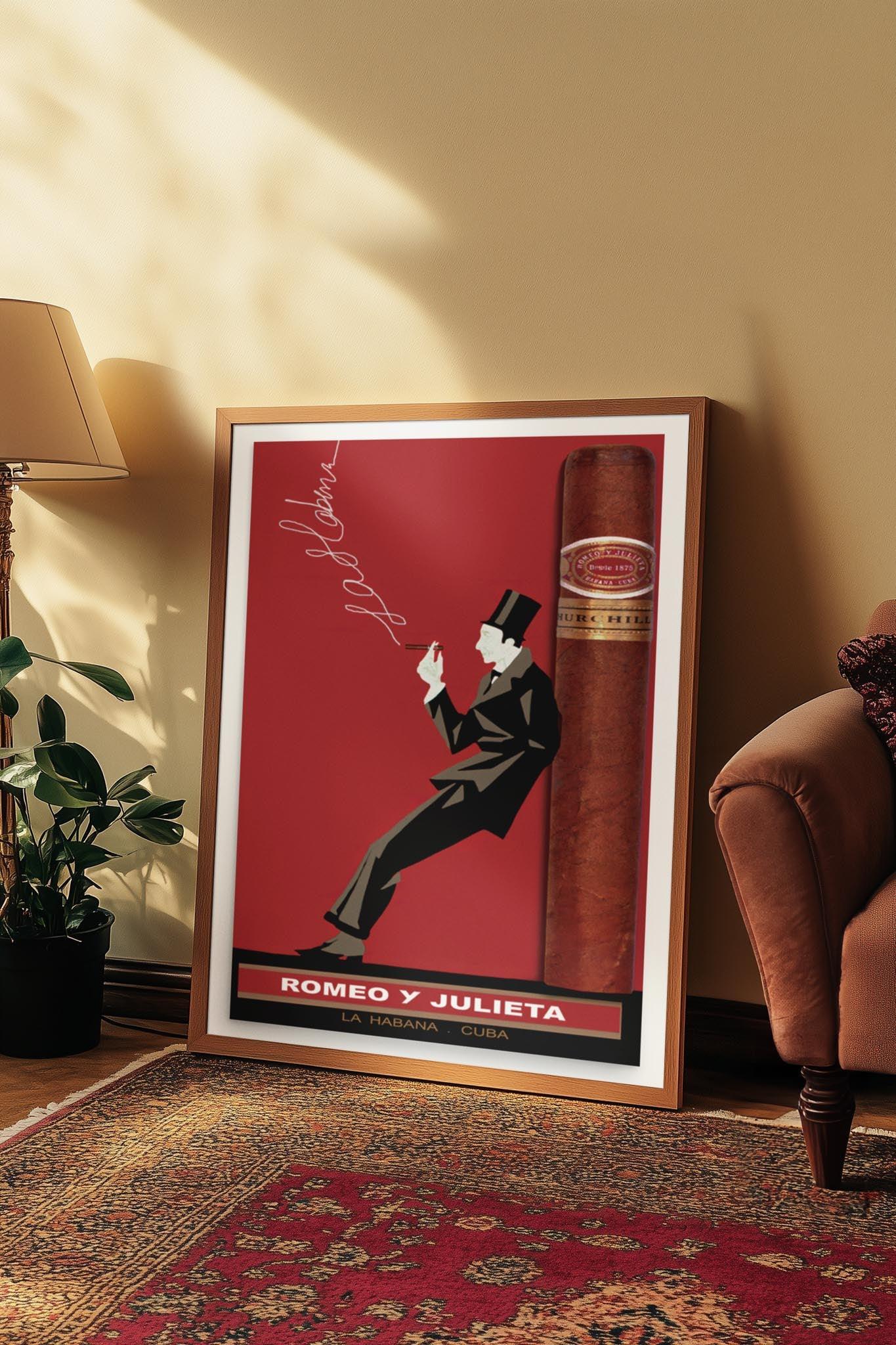 A Printful Romeo y Julieta Reprinted Vintage Poster (24x36, premium luster paper) leans against a beige wall by a brown sofa and green plant, its vintage design glowing in sunlight for a sophisticated room accent.