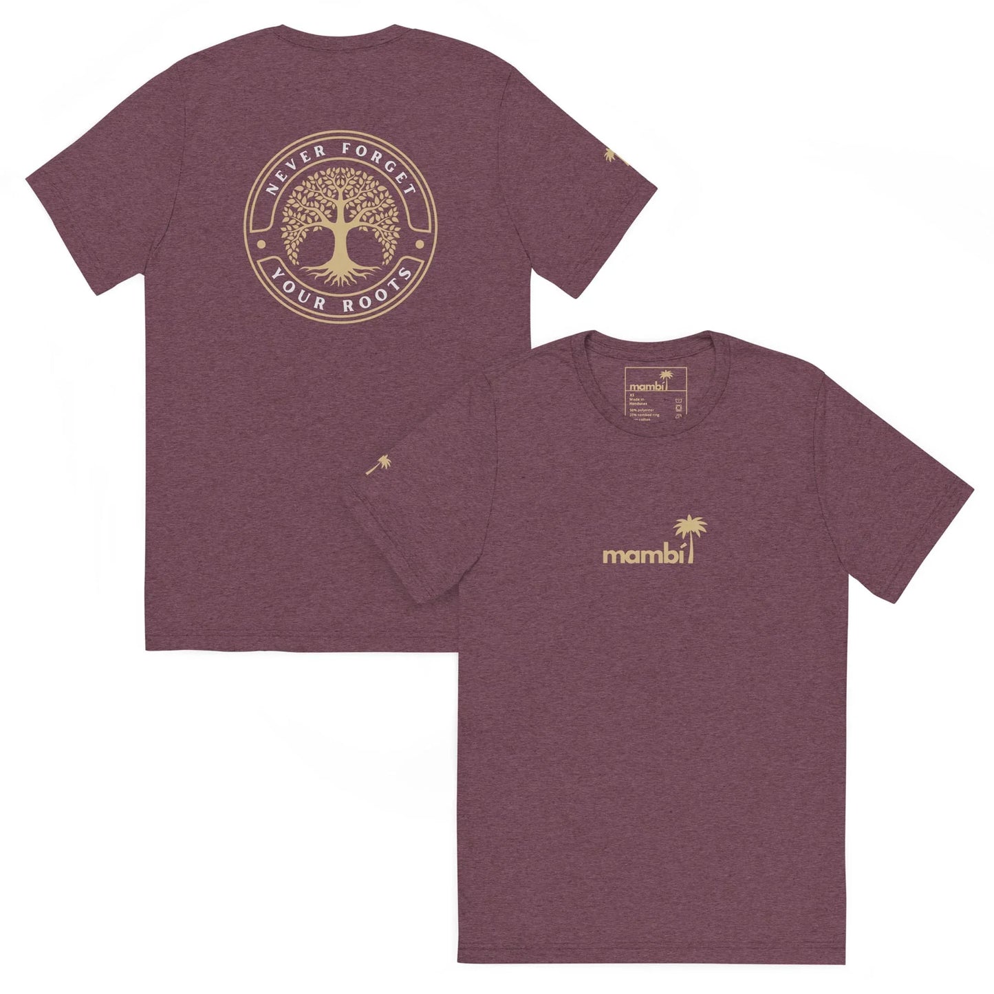 The Roots Tri-Blend Graphic Tee by Printful is a soft heather maroon unisex shirt with a yellow palm tree and mambi on the front, and a bold SILVER FORCE tree plus YOUR ROOTS graphic on the back. Shown front and back.