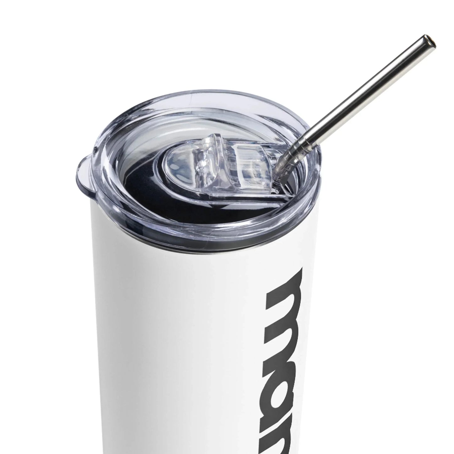 A white insulated tumbler with a transparent plastic lid and metal straw, shown from an angled top view. The tumbler features bold black Mambí text partially visible on its side.