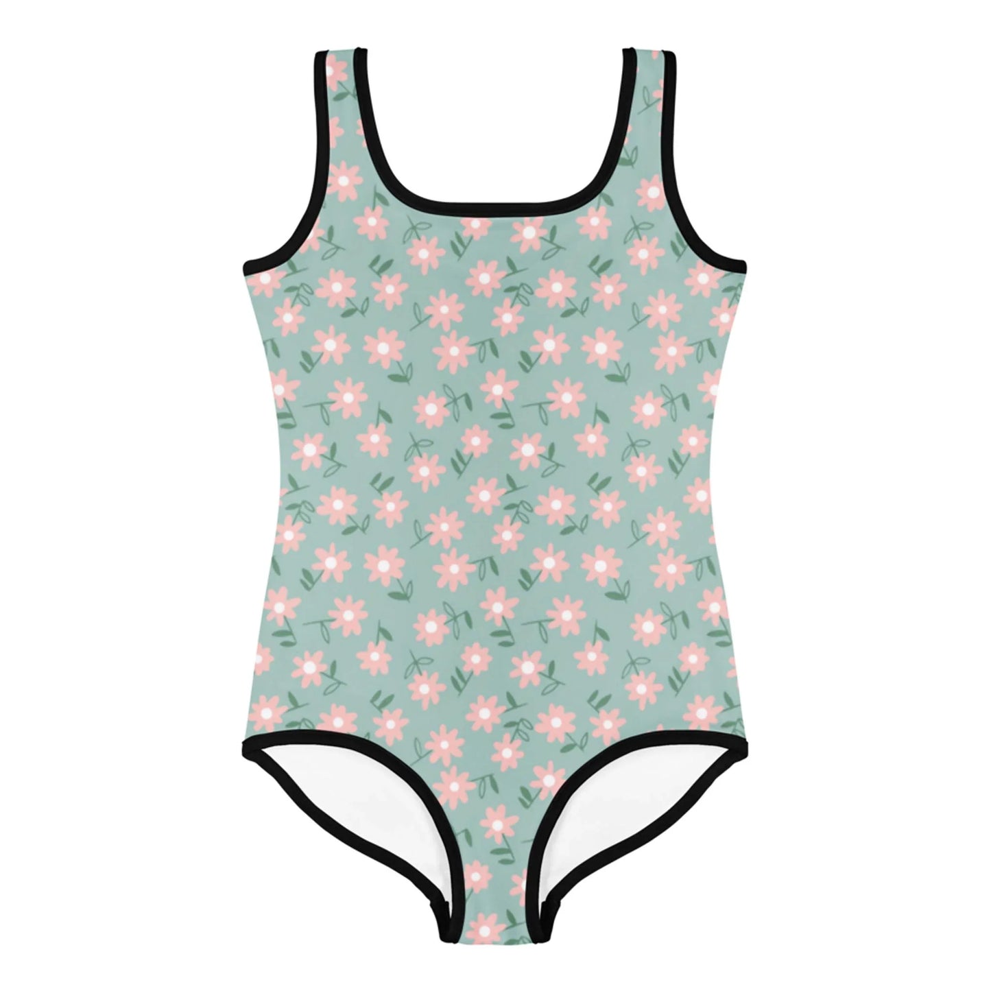 The Sara One-Piece Swimsuit by Printful for toddlers and little kids features vibrant pink and white daisy prints with green leaves on a light green background, black trim, and offers UPF sun protection for safe fun in the sun.