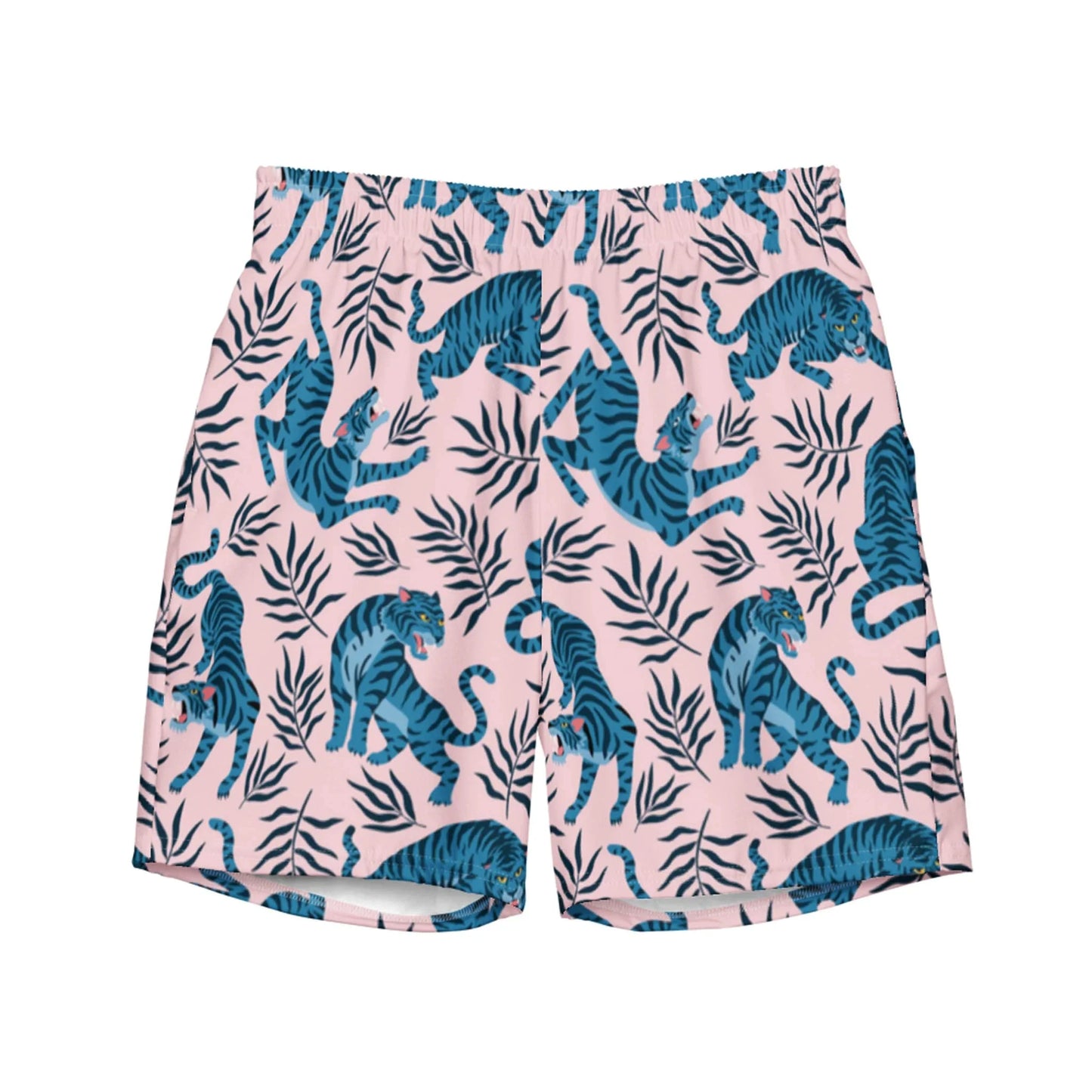 Pink shorts featuring a Mambí-inspired pattern of blue tigers and black leafy branches, arranged throughout the fabric. The shorts have an elastic waistband and a casual, relaxed fit.