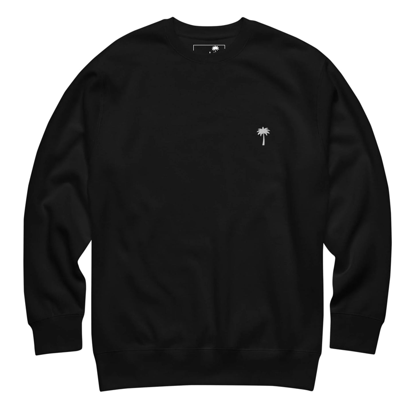 A plain black Mambí crewneck sweatshirt with a small white palm tree logo on the left chest area, displayed on a white background.
