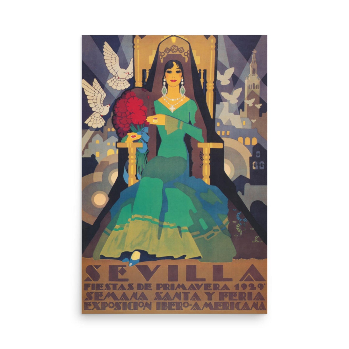 Vintage poster of a woman in a green dress sitting on a throne, holding a fan, with doves and a cityscape in the background. Subtle Mambí influences blend into the scene. Text at the bottom reads: Sevilla Fiestas de Primavera 1929.