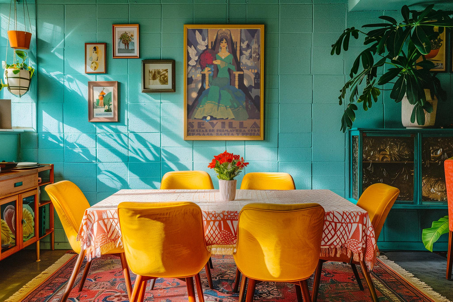 A dining room with yellow chairs around a table featuring a patterned tablecloth, a vase of red flowers, turquoise walls decorated with framed art, a large plant, sunlight streaming in, and a touch of Mambí style.
