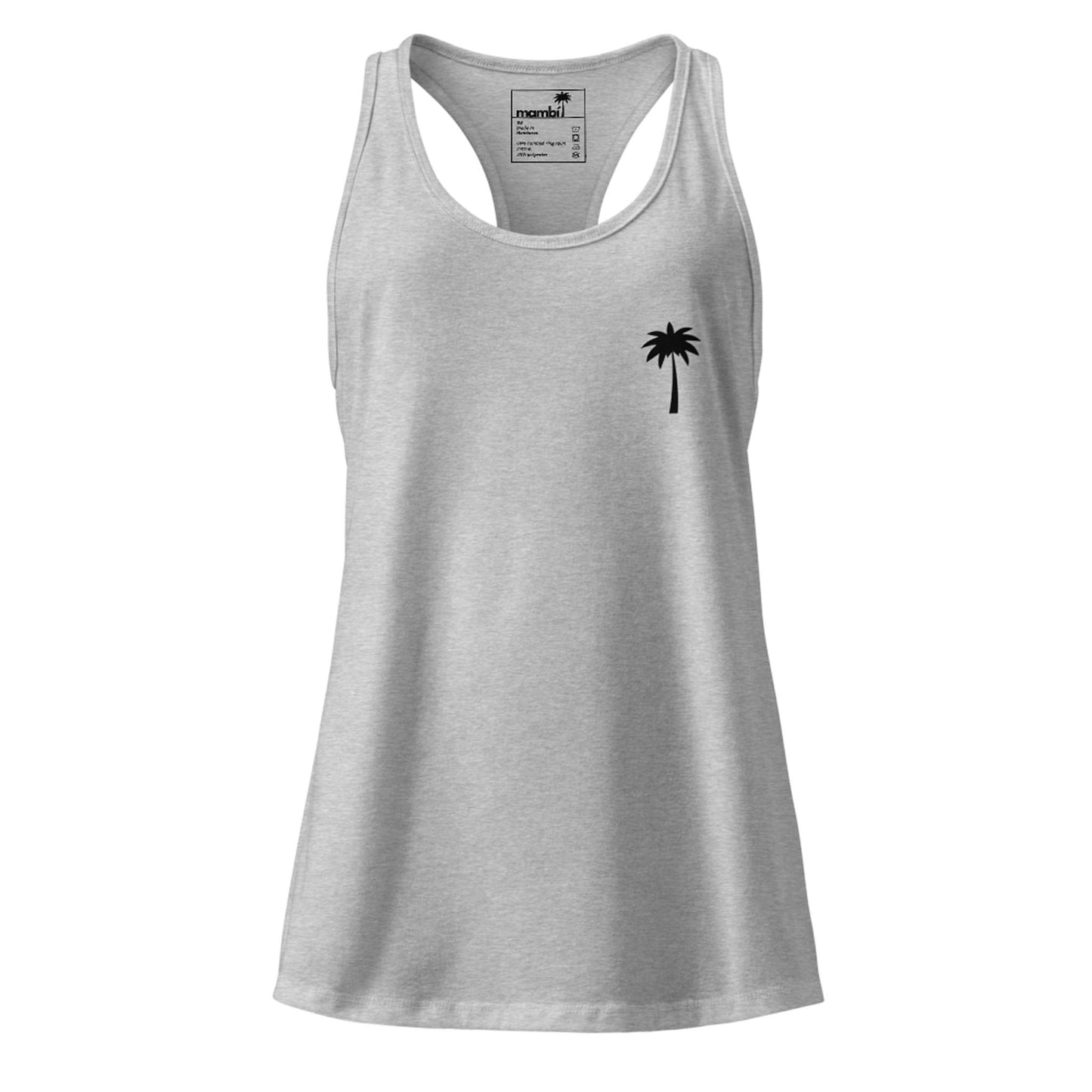 A light gray Mambí racerback tank top featuring a small black palm tree graphic on the left chest. The neckline and armholes have matching gray fabric trim.