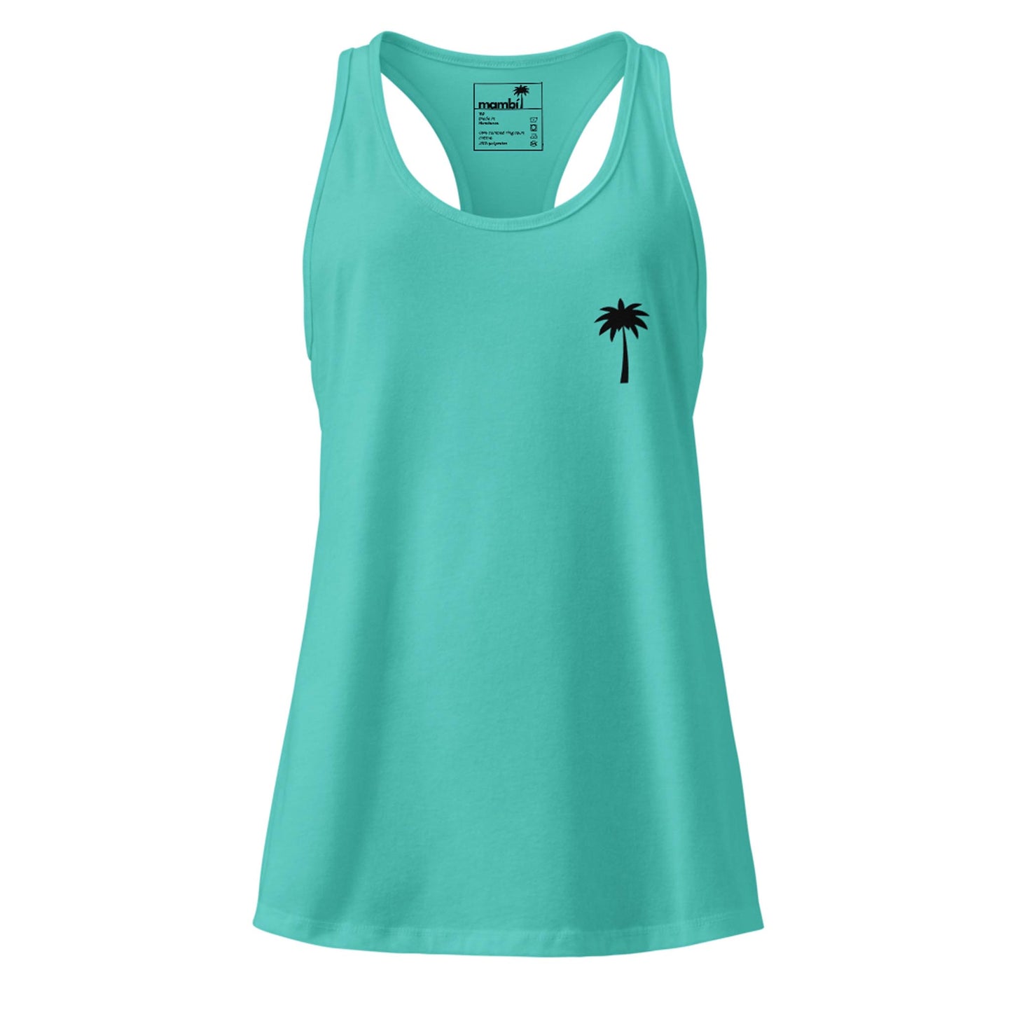 A turquoise Mambí racerback tank top featuring a small black palm tree graphic on the left chest.