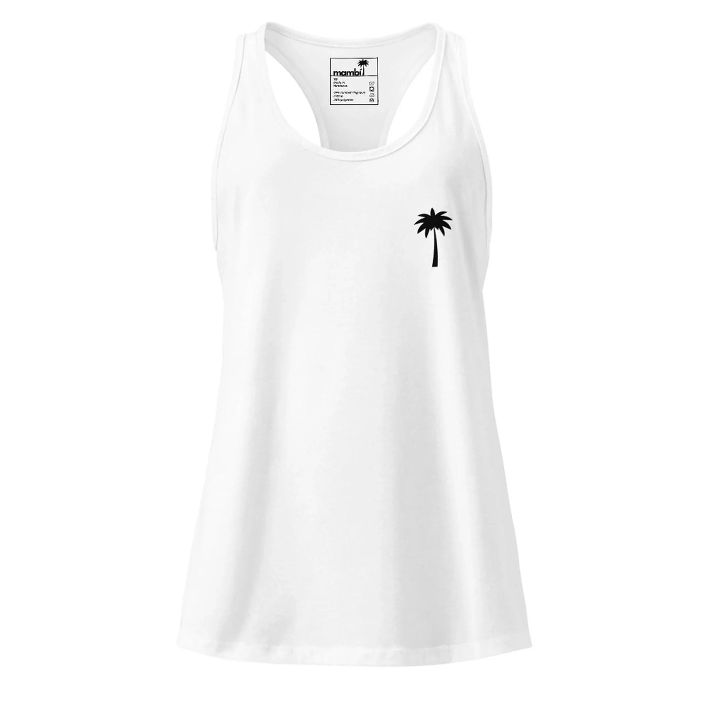 White sleeveless Mambí tank top featuring a small black palm tree graphic on the left chest area, displayed on a plain white background.