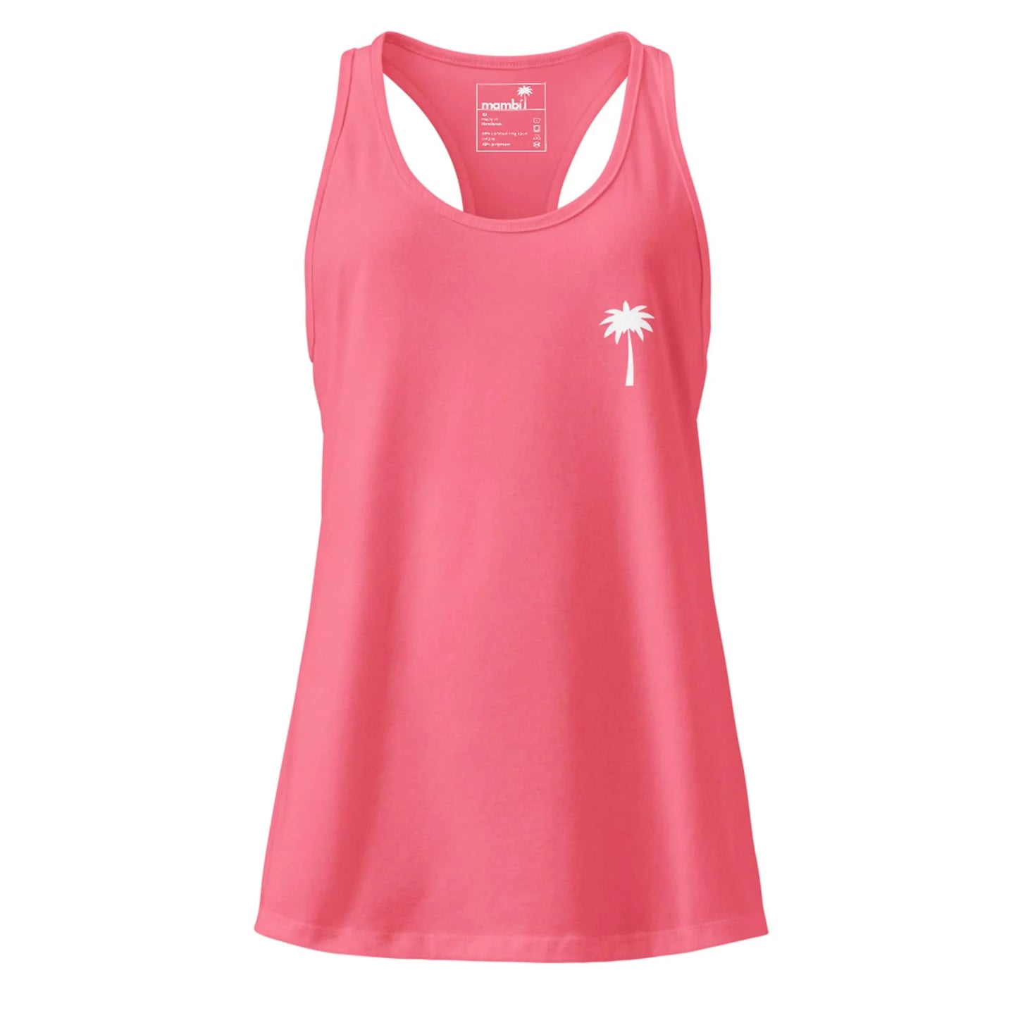 A sleeveless, bright pink Mambí women’s tank top with a racerback design and a small white palm tree graphic on the left chest area.