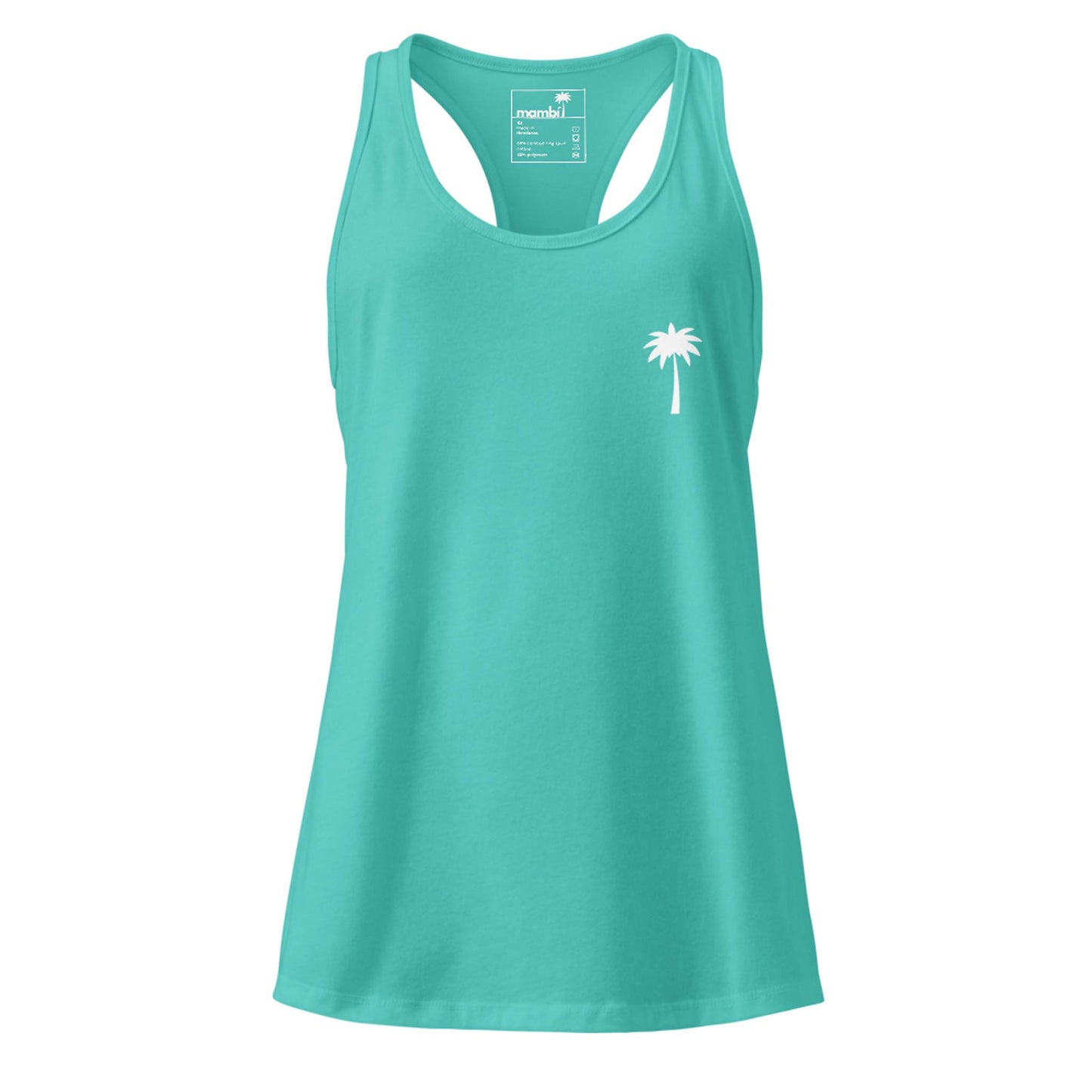 A turquoise Mambí racerback tank top featuring a small white palm tree graphic on the left chest area.