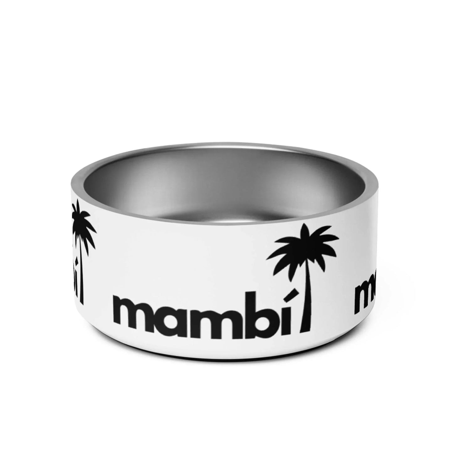 The Simon Stainless Non-Slip Pet Bowl by Printful features a white exterior decorated with mambi and black palm tree graphics, a silver stainless steel interior, and is dishwasher-safe. Available in 18oz and 32oz sizes.