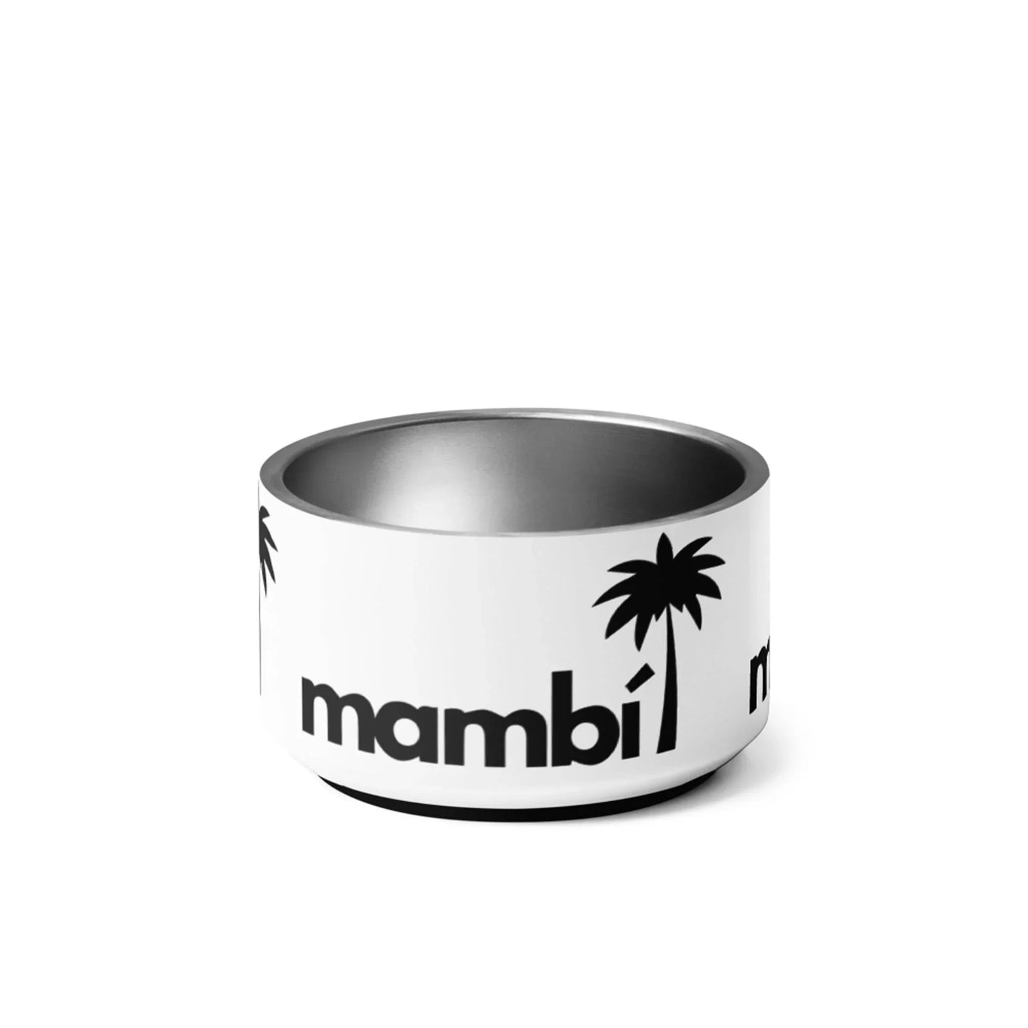 The Simon Stainless Non-Slip Pet Bowl by Printful features a white exterior with mambi and a black palm tree, plus a metallic interior. This stylish, dishwasher-safe bowl comes in 18oz & 32oz sizes—ideal for modern pet lovers.