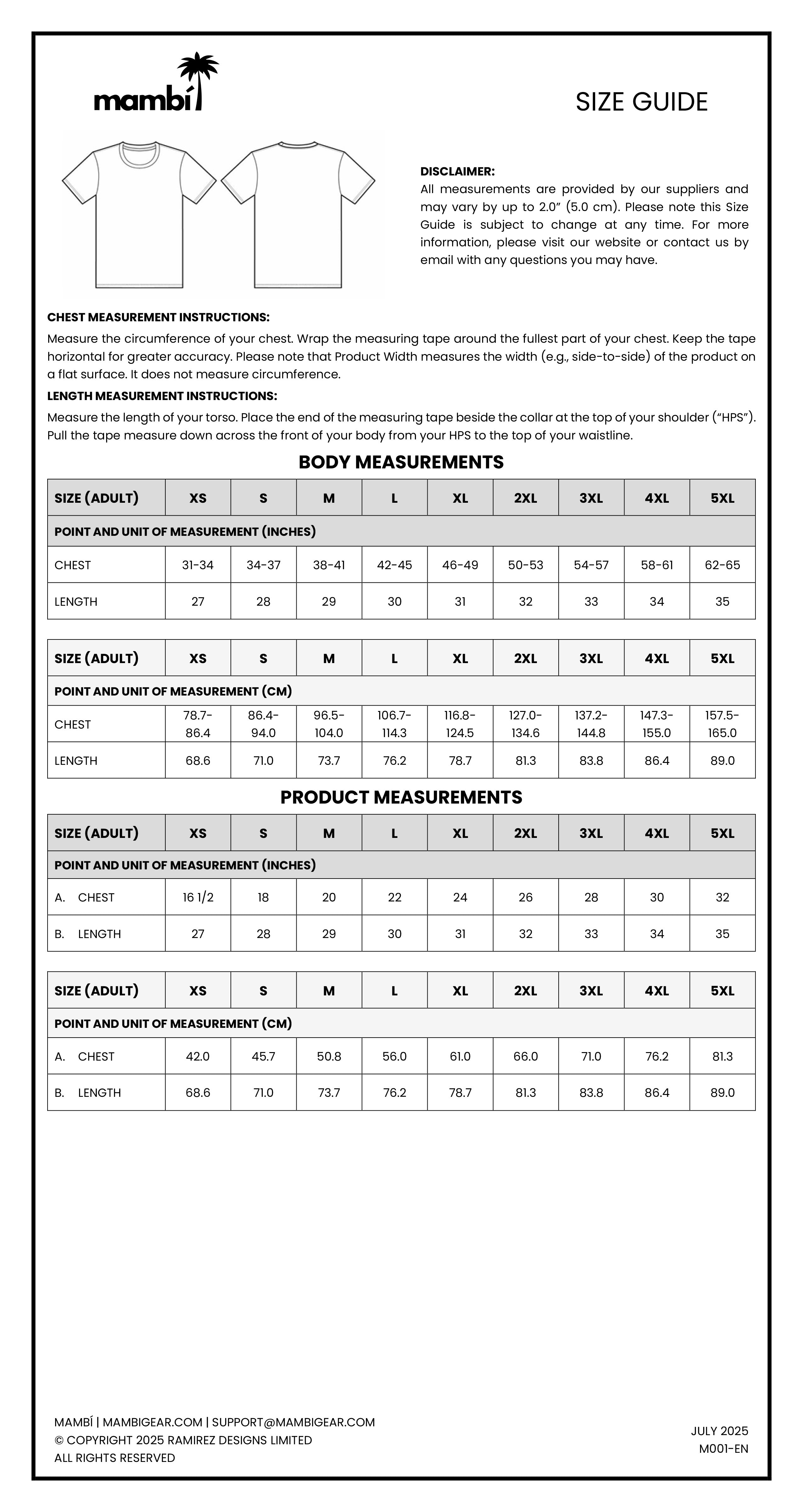 Size guide chart for Mambi apparel, including chest, body, and product measurements for adults and kids in sizes XS to XXL. Instructions for measuring are provided at the top of the page. Black-and-white text layout.