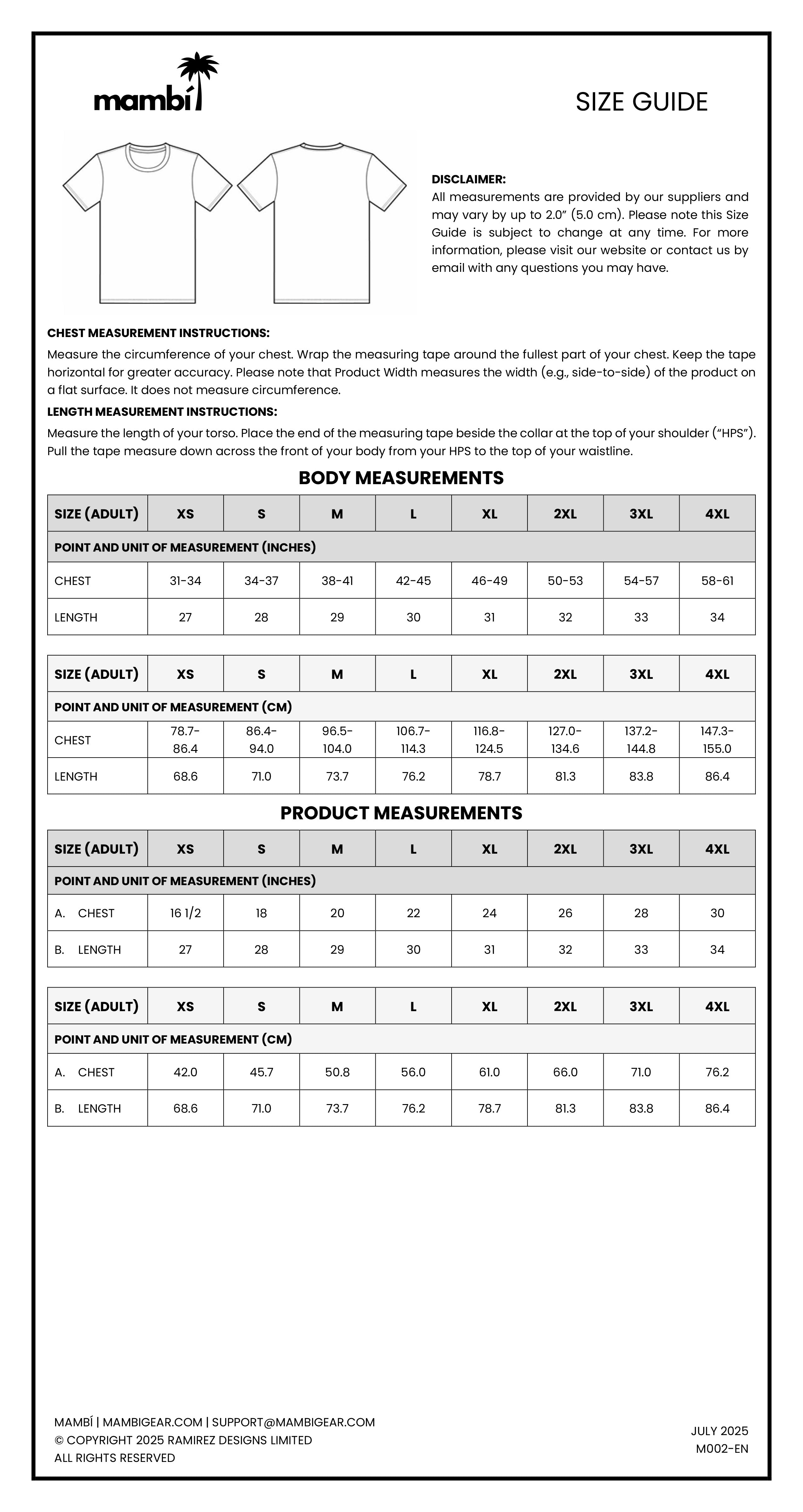 A size guide chart for Mambi t-shirts, showing a diagram for chest measurement and tables for body and product measurements in sizes S to 3XL. Includes sizing instructions, disclaimer, and contact information at the bottom.