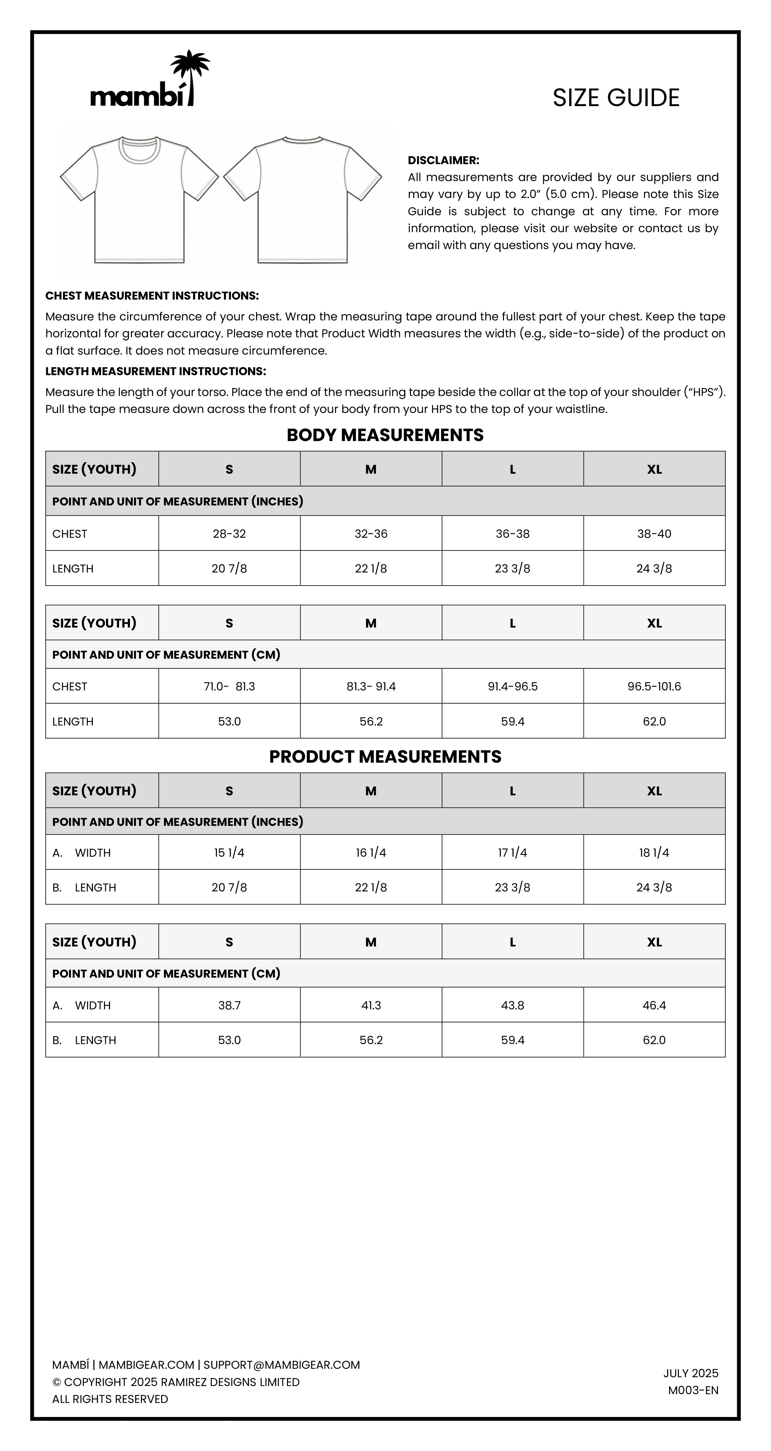 Mambi size guide chart for t-shirts, displaying body and product measurements for sizes S, M, L, XL and youth sizes, along with measurement instructions and a shirt illustration at the top.