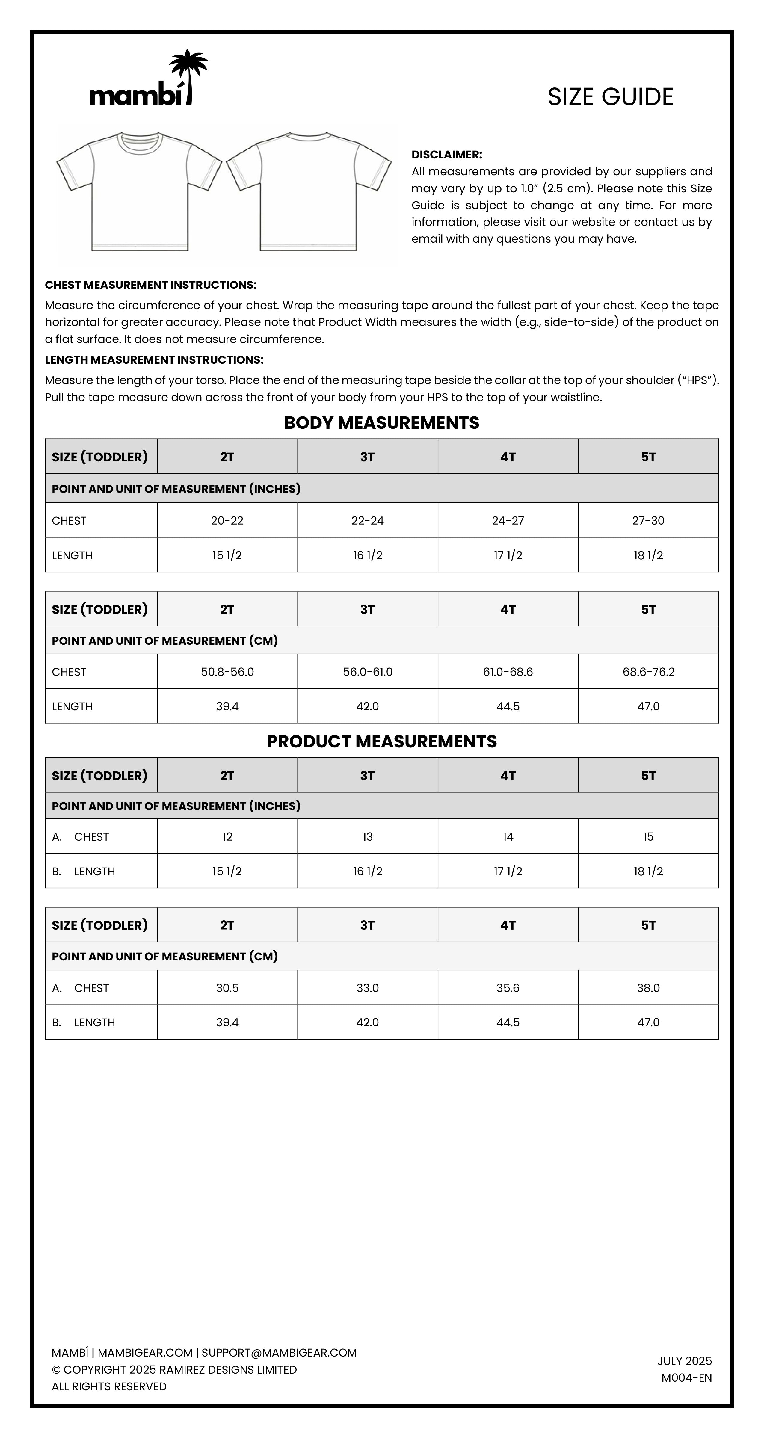 Mambi size guide for toddler and youth shirts, showing body and product measurements in inches and centimeters, with a chest measurement diagram and sizing chart for 2T, 3T, 4T, 5/6T, youth XS, and youth S.