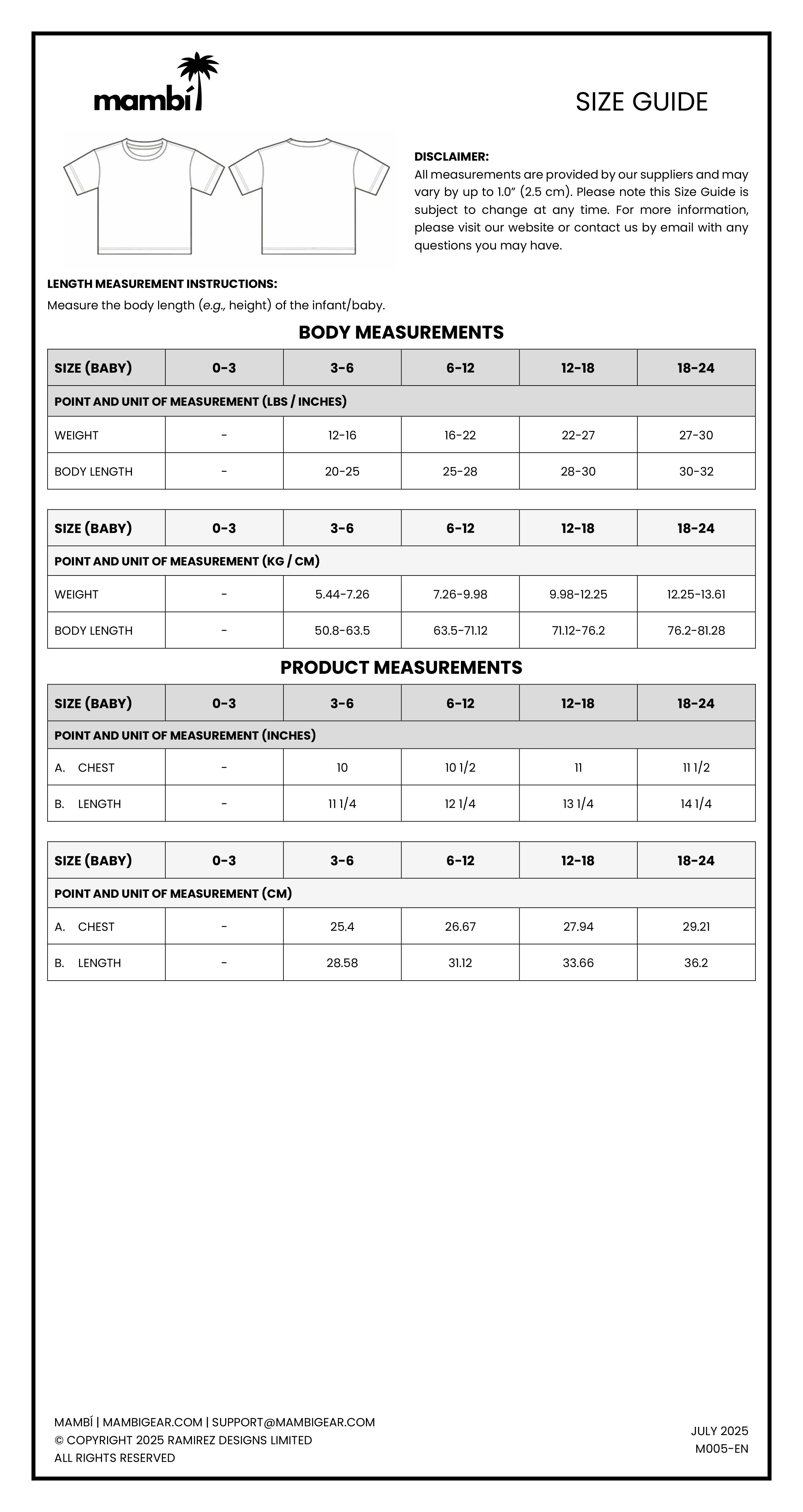 A size guide chart for Mambi baby onesies, showing body and product measurements in lbs, inches, and cm for sizes 0-3M, 3-6M, 6-12M, 12-18M, and 18-24M. Includes measurement instructions and disclaimer.