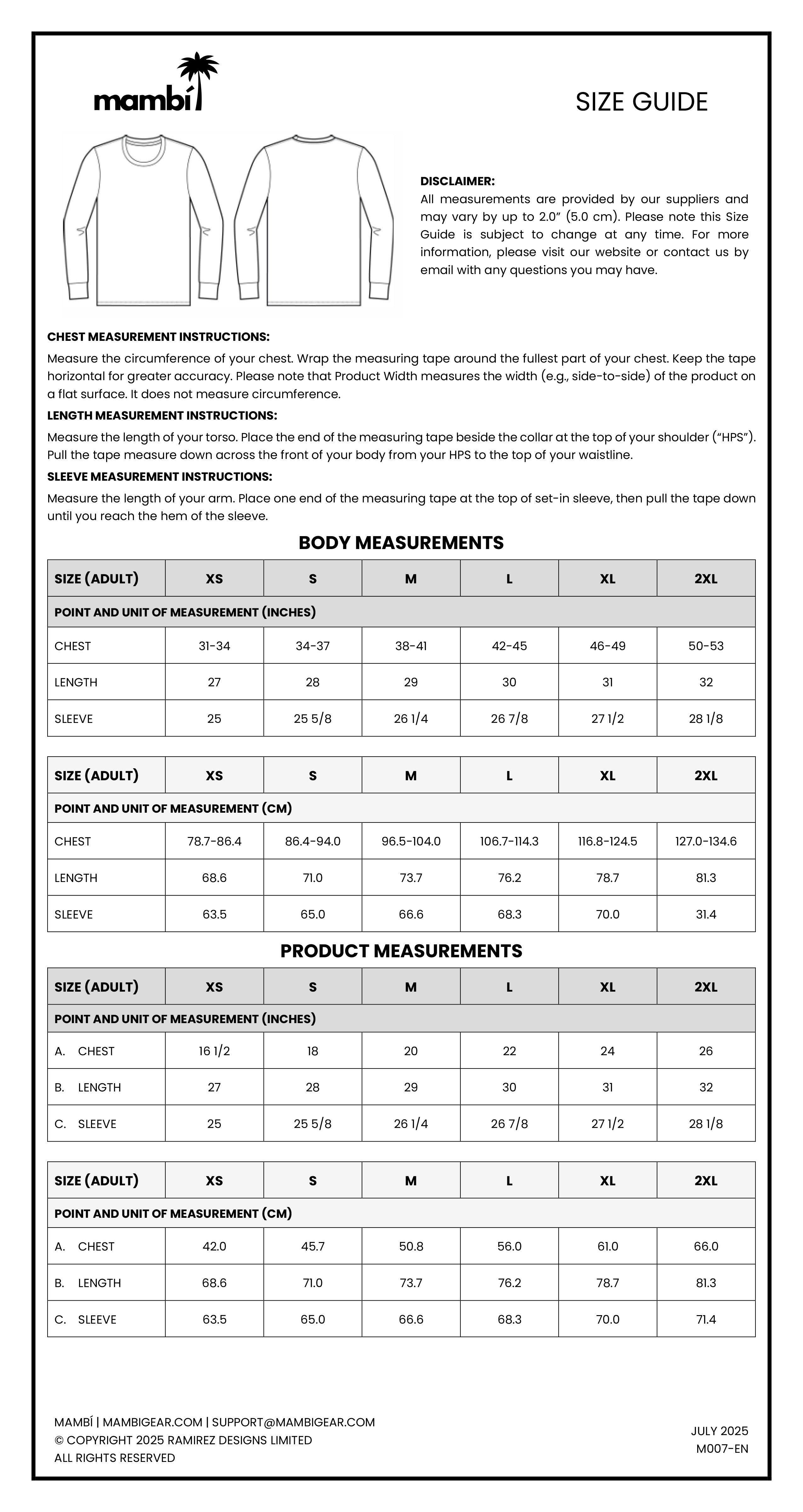 Mambi size guide chart for adult, youth, and kid shirts, showing chest, length, and sleeve measurements in inches by size. Includes measurement instructions, a disclaimer, and contact information at the bottom.