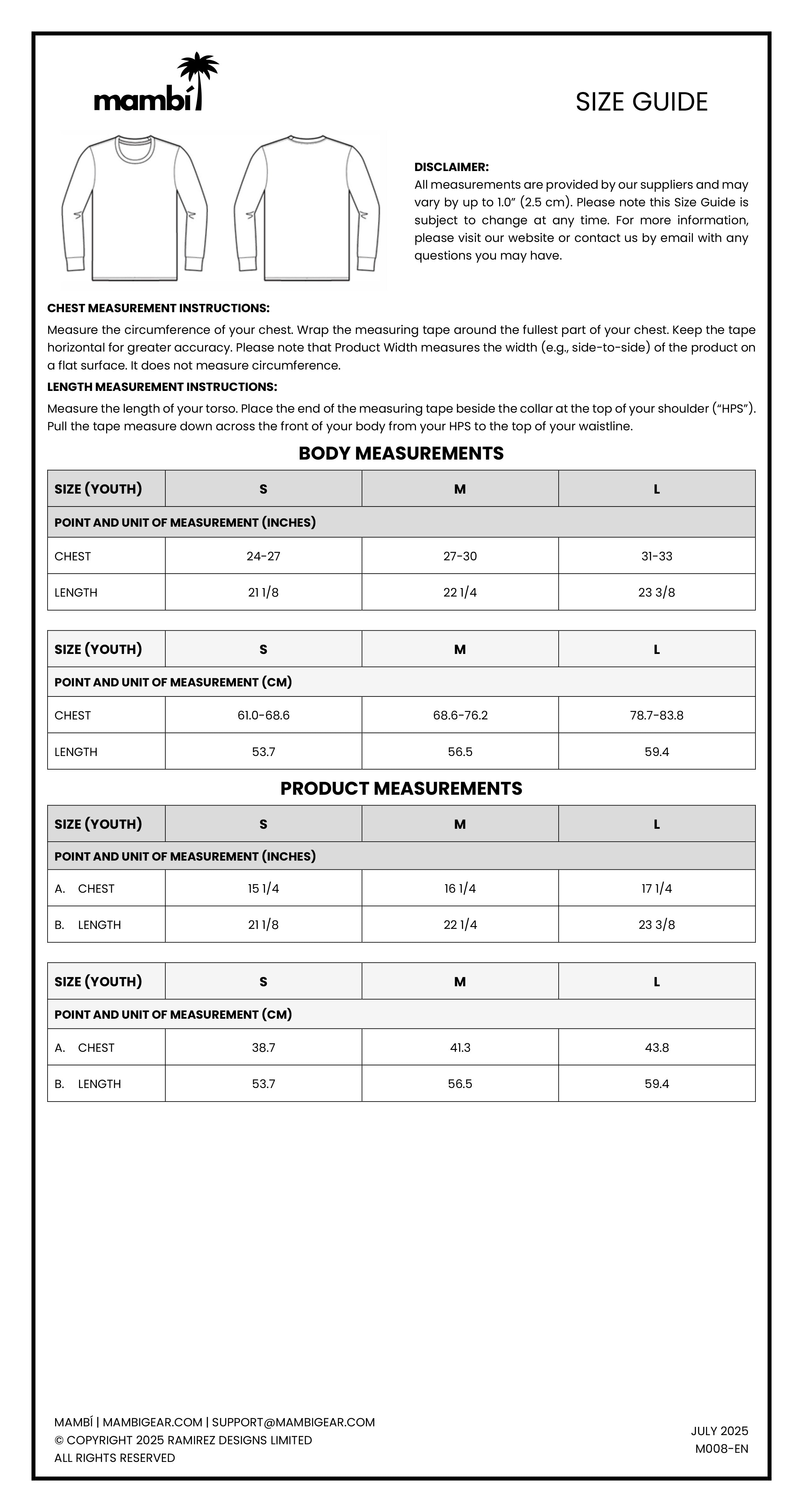 Mambi size guide chart in black and white for unisex cotton tees, showing body and product measurements for sizes XS to XXL, with measurement instructions and contact info at the bottom.