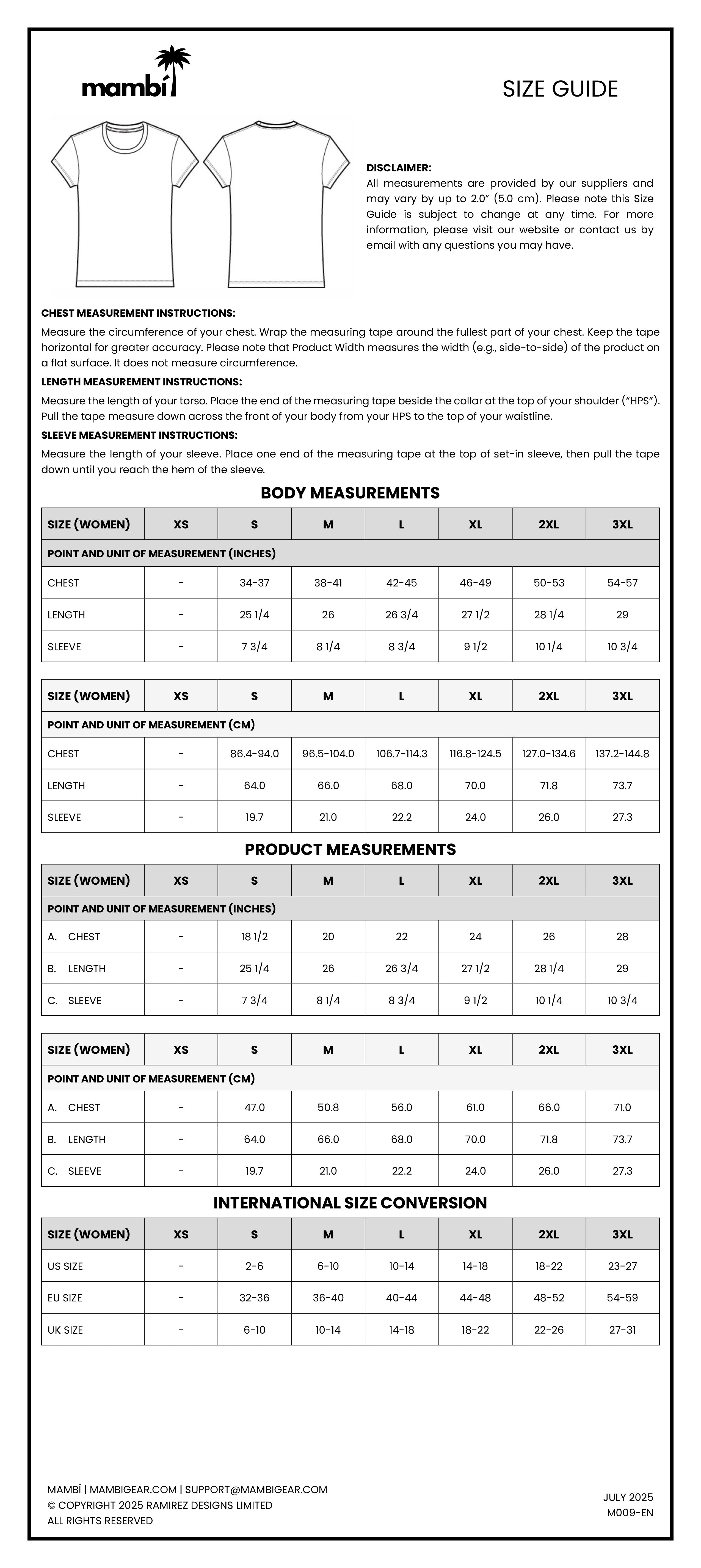 Size guide chart for Mambí brand clothing, featuring diagrams of a t-shirt from front and back, chest measurement instructions, and conversion tables for womens body and product measurements in various size scales.