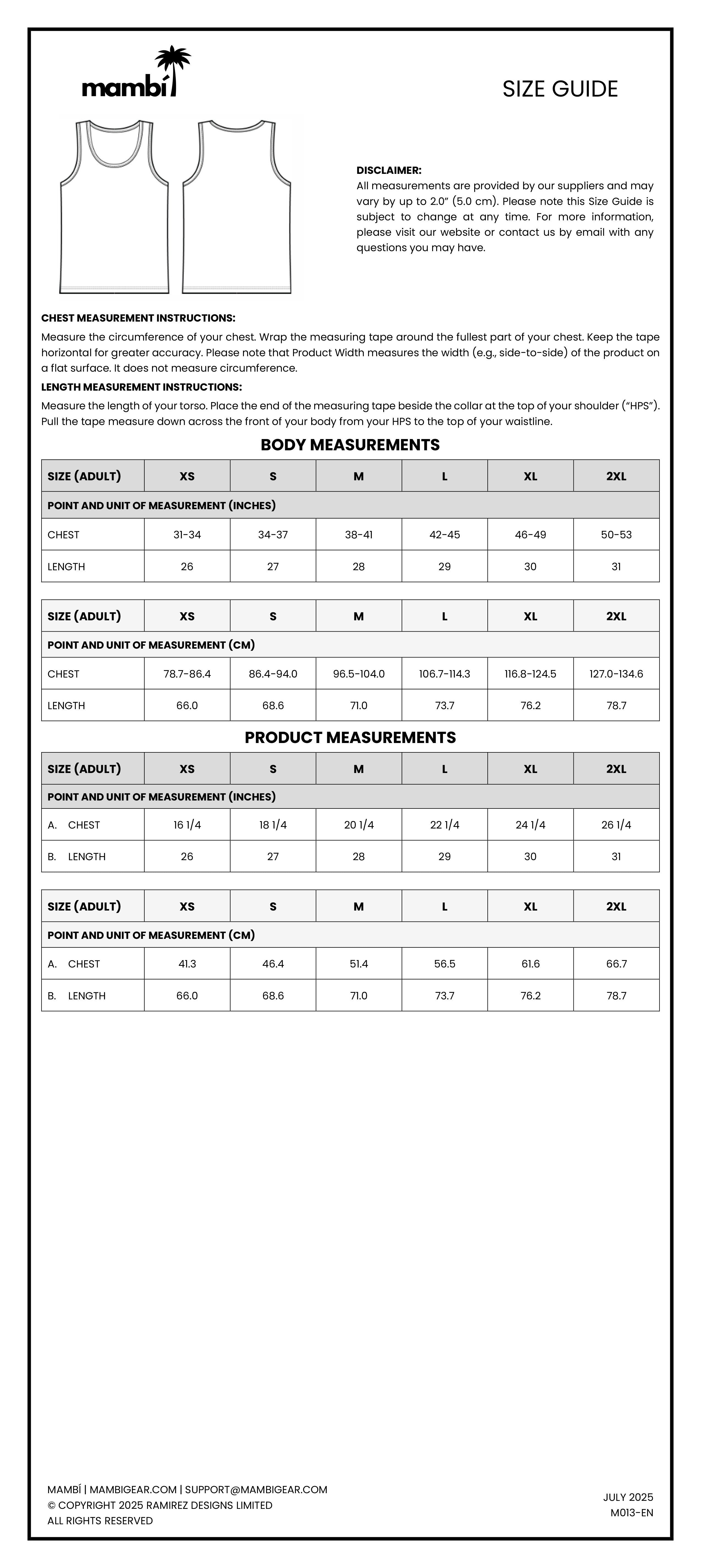A detailed size guide for Mambi tank tops, showing a tank top outline, measurement instructions, and measurement charts for adult sizes XS to 2XL in both inches and centimeters.