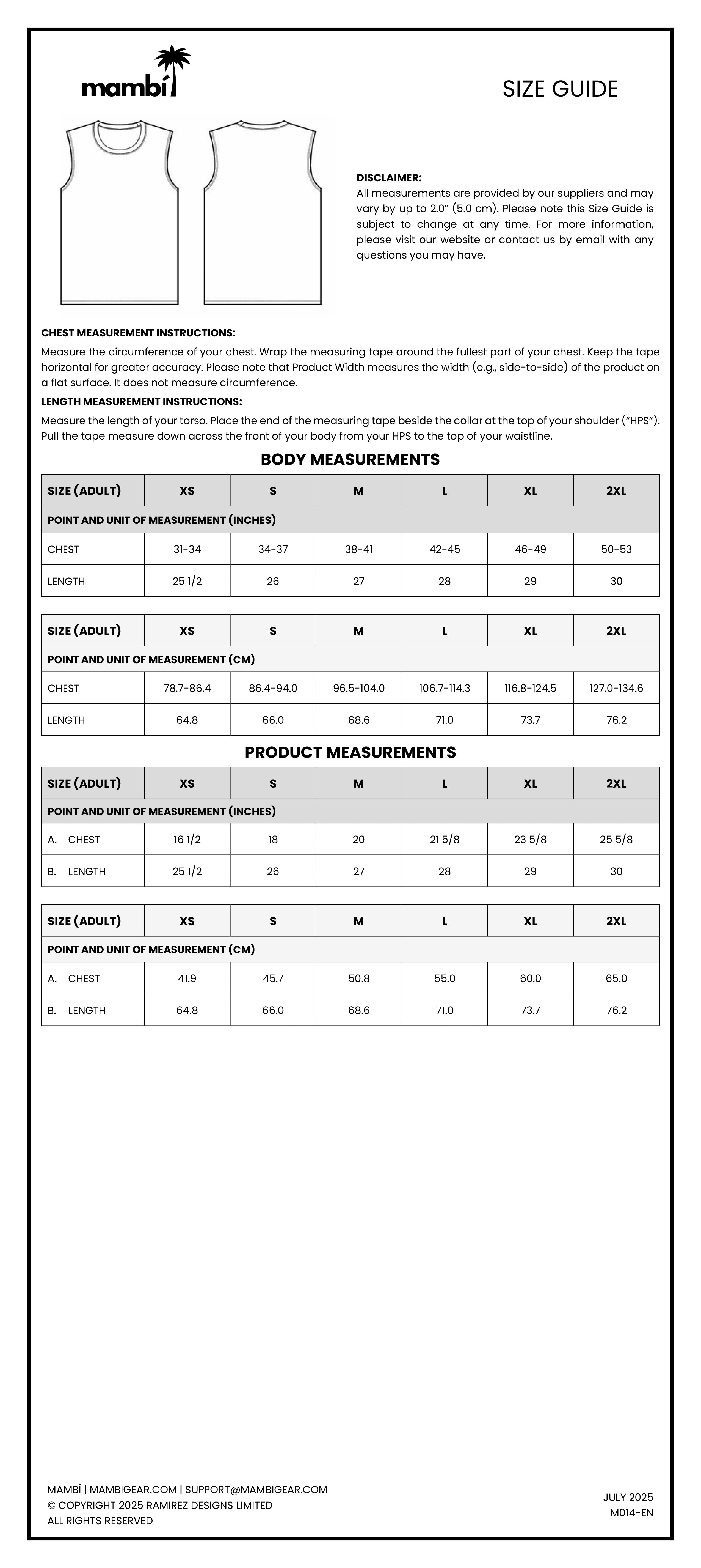 A detailed size guide for mambi sleeveless shirts, including diagrams and tables for chest and length measurements, body and product size charts for XS-3XL, and instructions for measuring the chest.