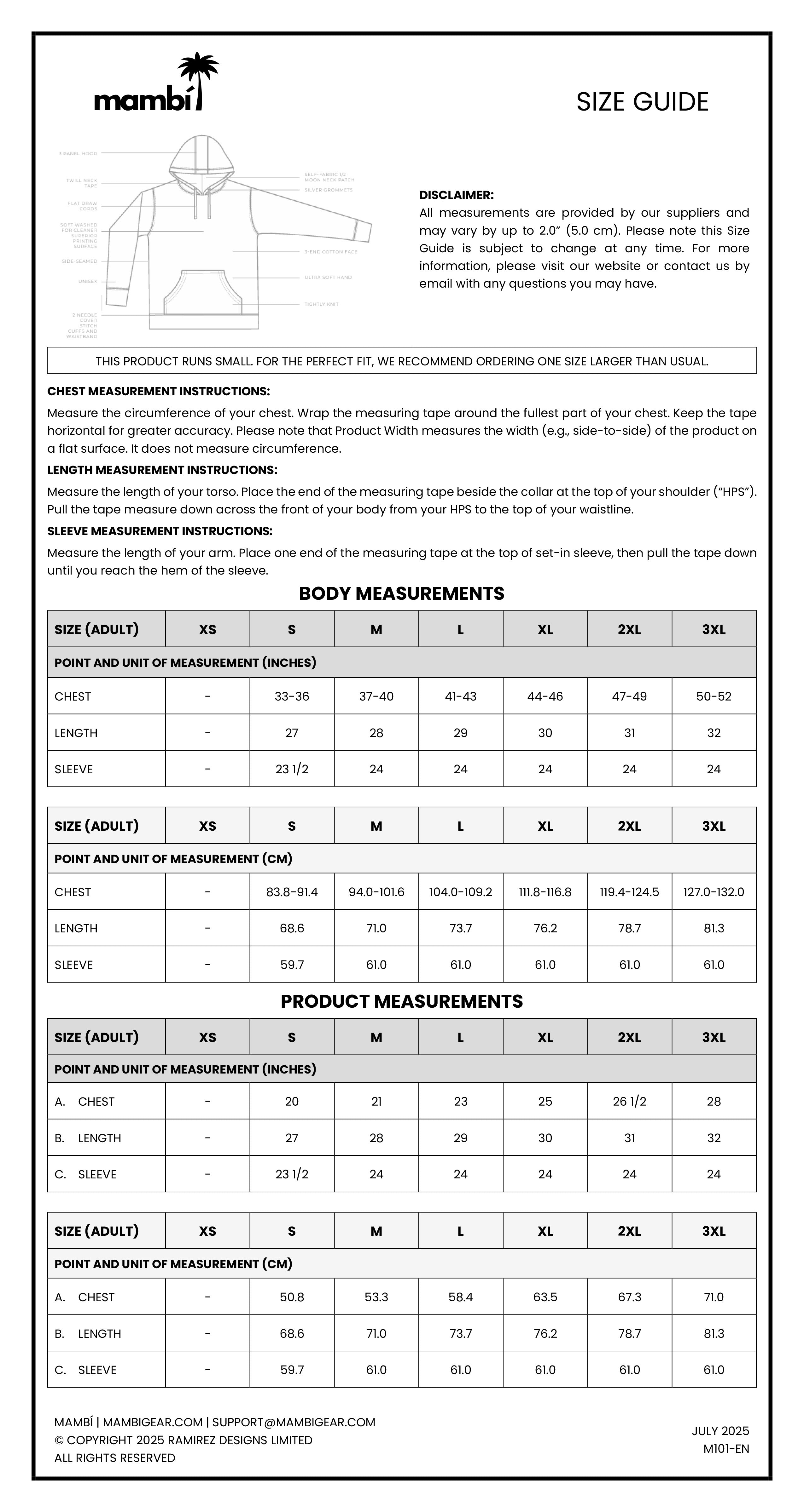 Size guide chart for Mambi apparel, showing a hoodie diagram with measuring points, size recommendations, body measurement tables (in inches) for chest, waist, and hips, product measurements, and a disclaimer about sizing.