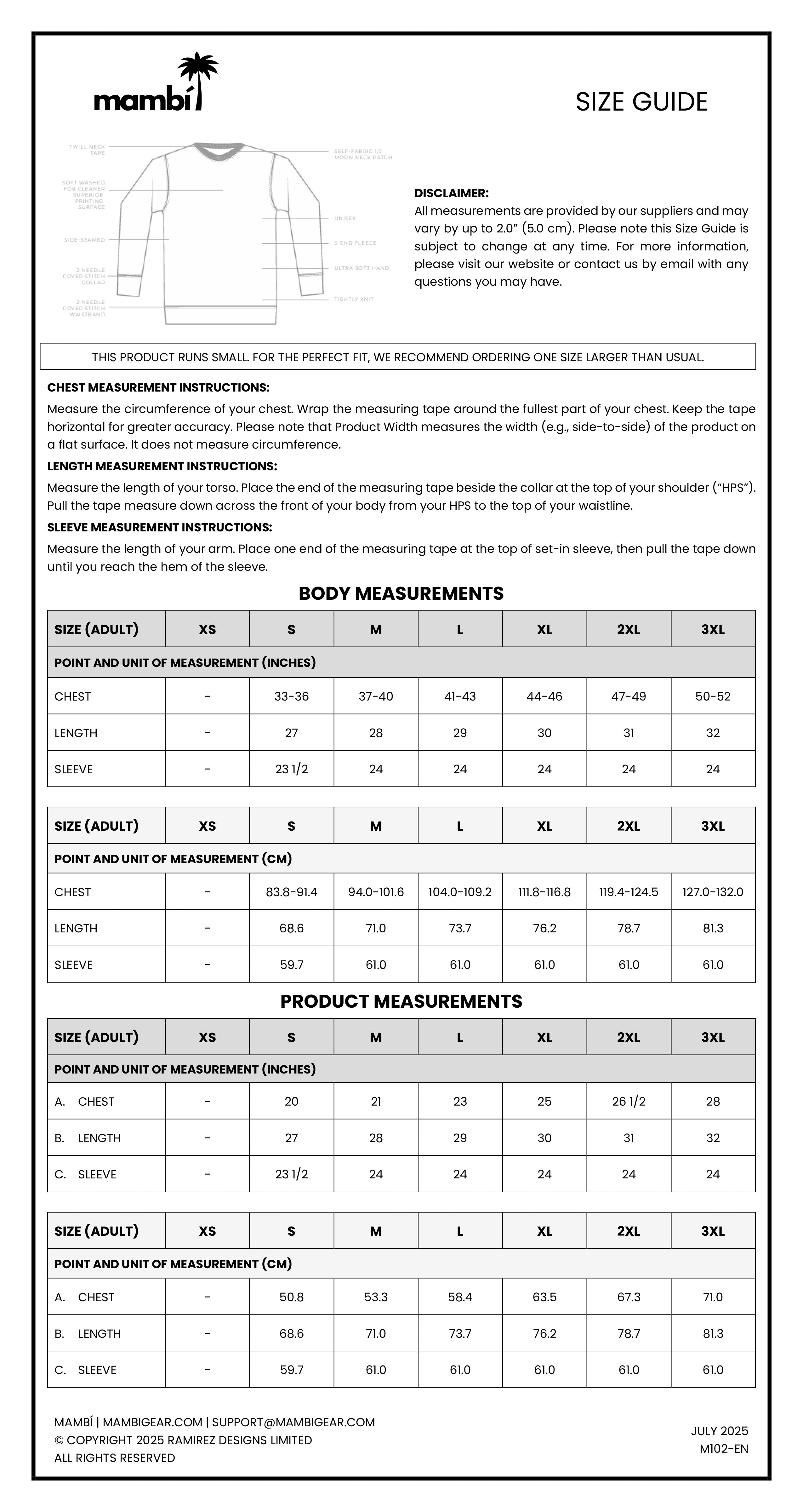 Mambi size guide with a shirt outline and chart showing body and product measurements for sizes XS to 3XL in centimeters and inches. Includes chest measurement instructions and a disclaimer.