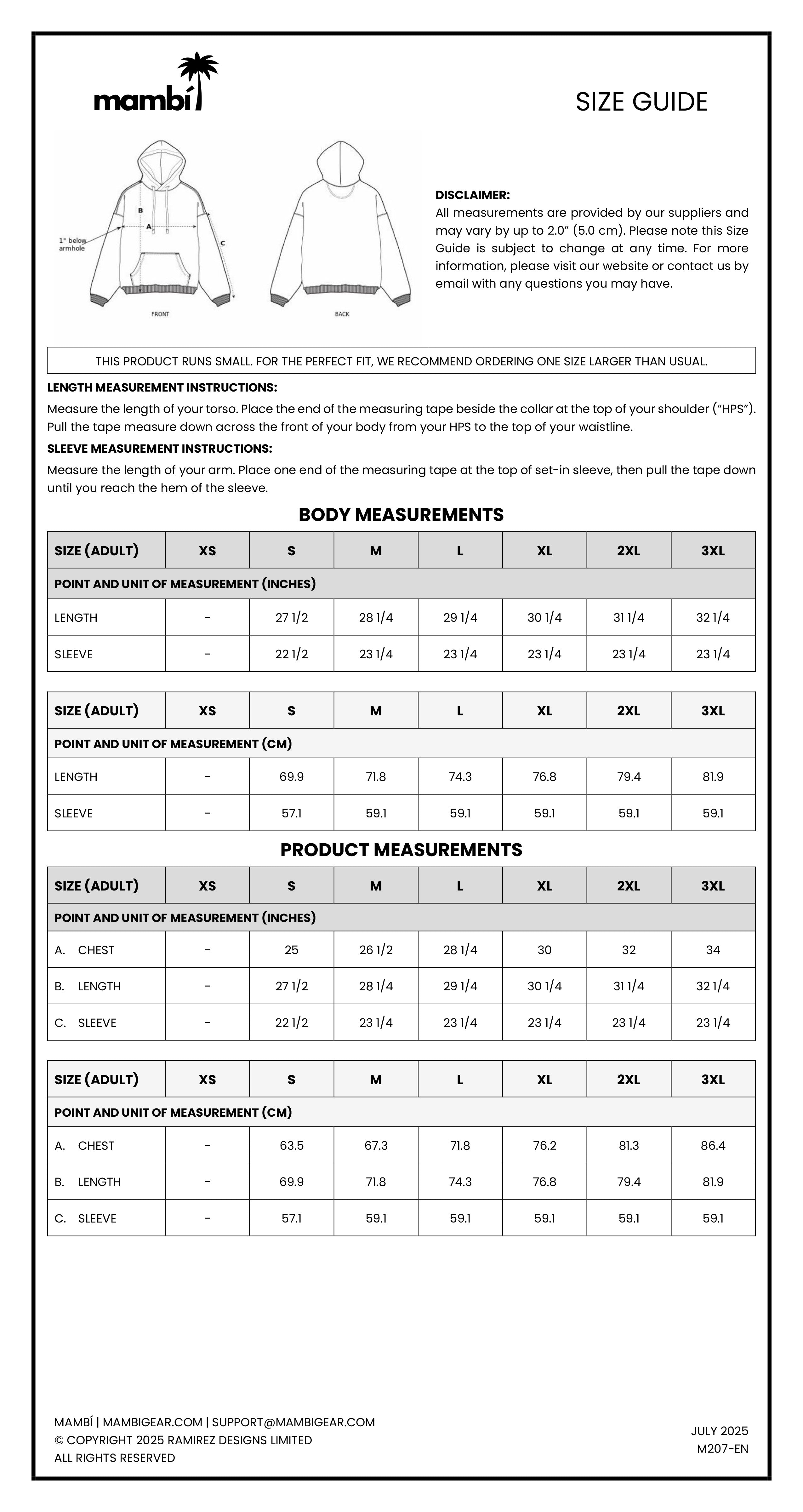 Mambi size guide chart for tops, hoodies, and sweatpants with body and product measurements in centimeters, sizing from XS to 3XL, plus instructions and a disclaimer about sizing.