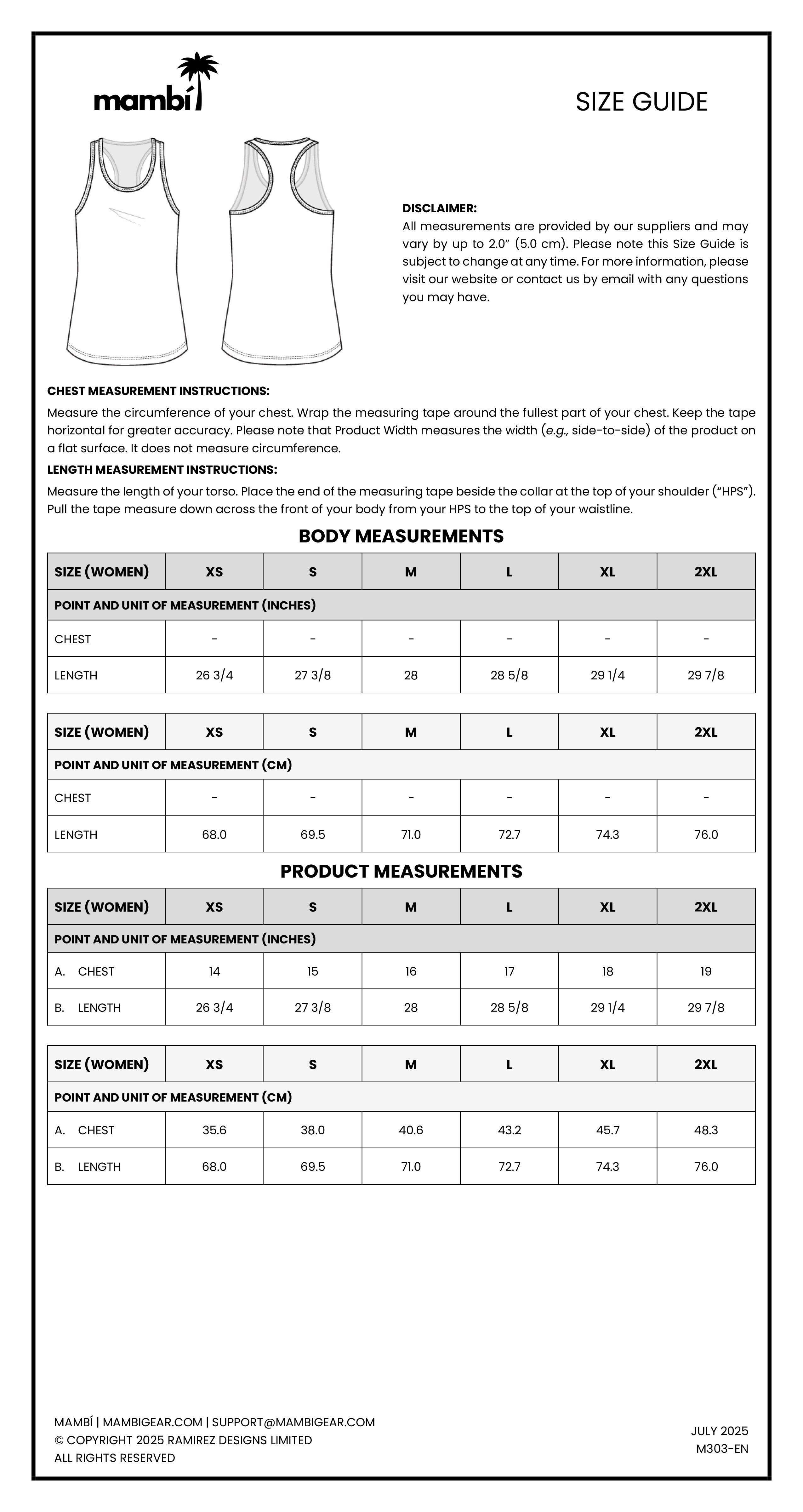A mambi size guide for tank tops with a diagram for chest measurement, body and product measurement tables for sizes XS to 2XL, and support contact info at the bottom.