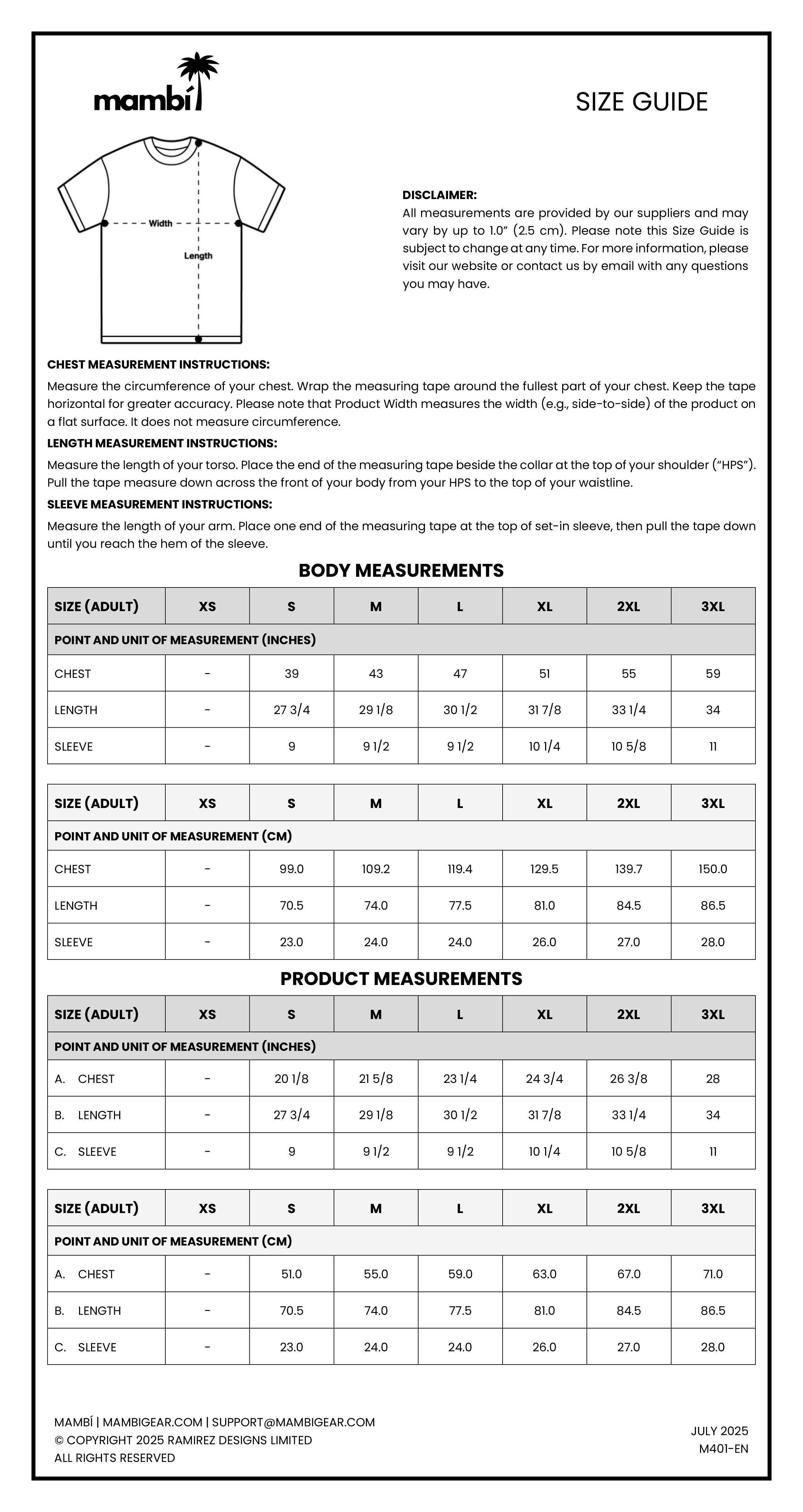 Mambi size guide chart for adult and kids t-shirts showing measurement instructions, body and product measurements for sizes XS to 3XL (adult) and 2-12 years (kids), in inches and centimeters.