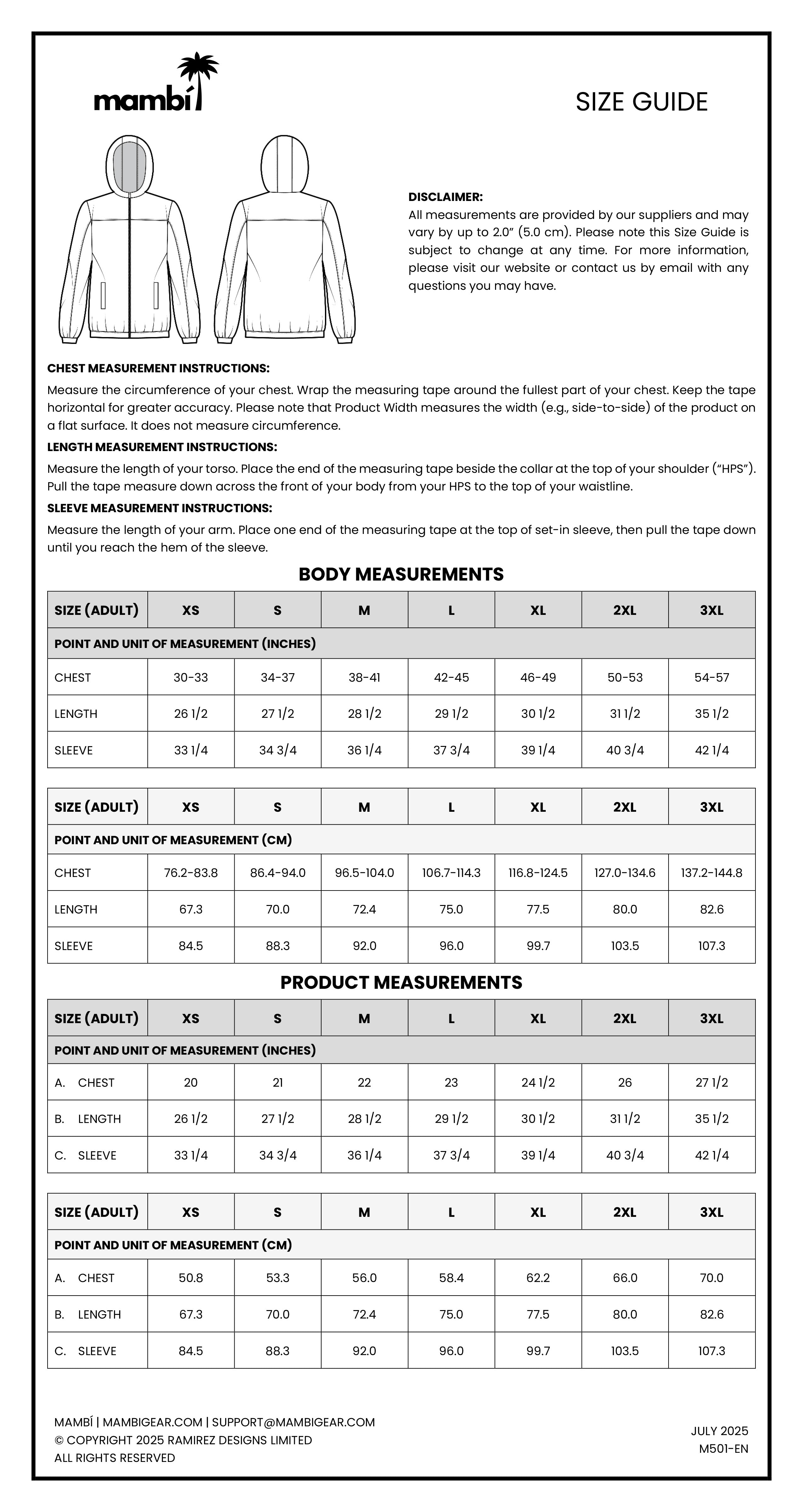 Mambi size guide chart showing chest, sleeve, and length measurements in inches and centimeters for adult unisex and youth unisex clothing, with measuring instructions and contact information at the bottom.
