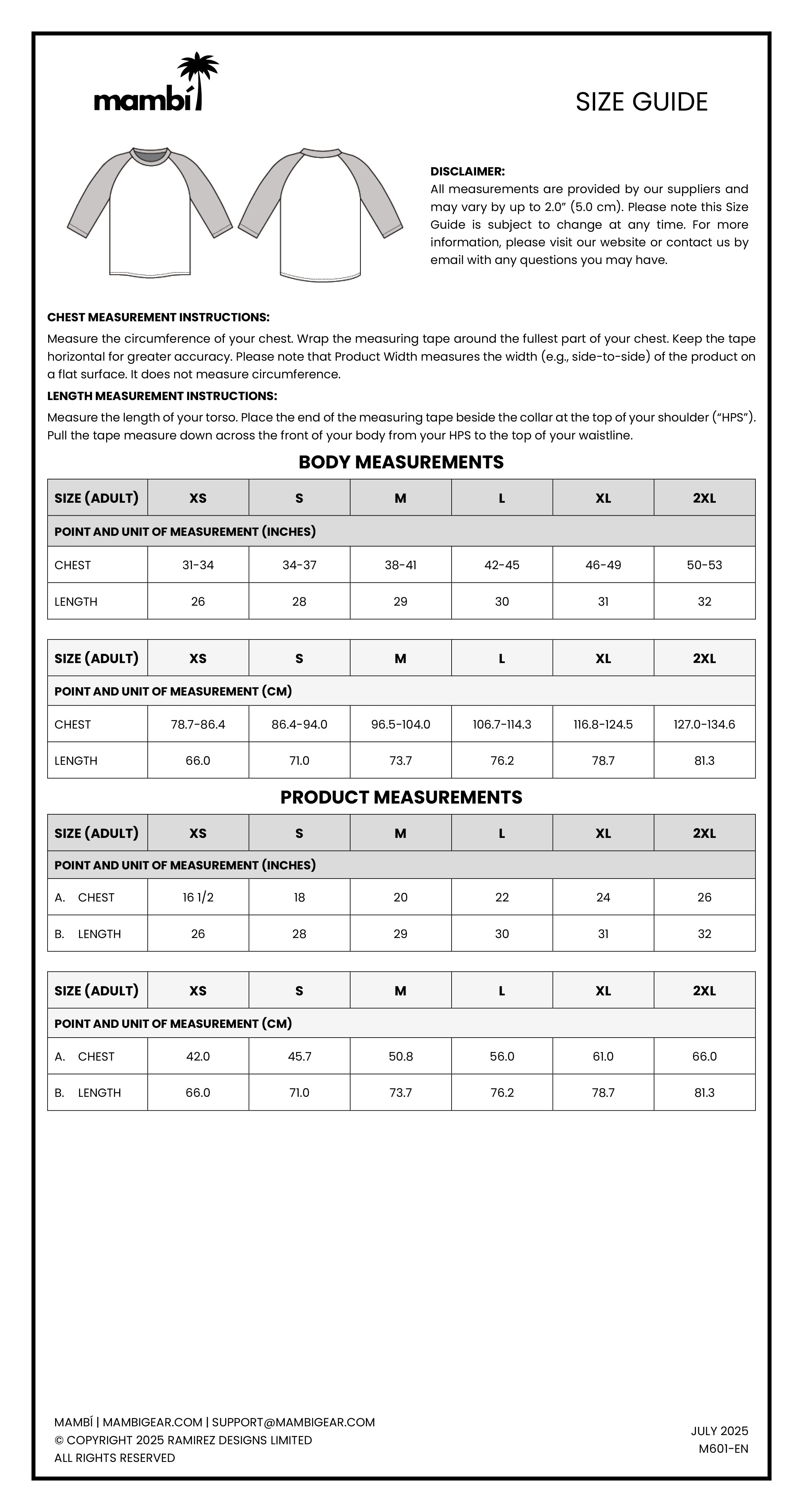 Mambi size guide chart for adult and kids raglan shirts, showing chest, length, and sleeve measurements in inches and centimeters, plus instructions for measuring and a disclaimer at the top.